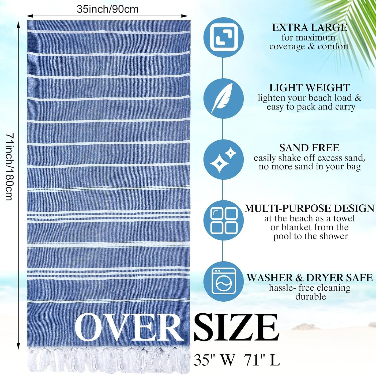 Bongu Turkish Beach Towel,180X90Cm Oversized Turkish Cotton with Travel Bag Large Quick Dry Lightweight Turkish Beach Towels for Beach, Bath, Pool Travel Towels (Navy Blue) - Blue image number 6