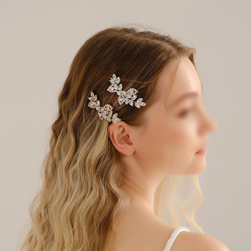 Bridal Hair Clips with Rhinestones Elegant Crystal Hair Pins Bridesmaid Hair Clips Wedding Leaf Flowers Hair Accessories for Women and Girls Rose Gold image number 3