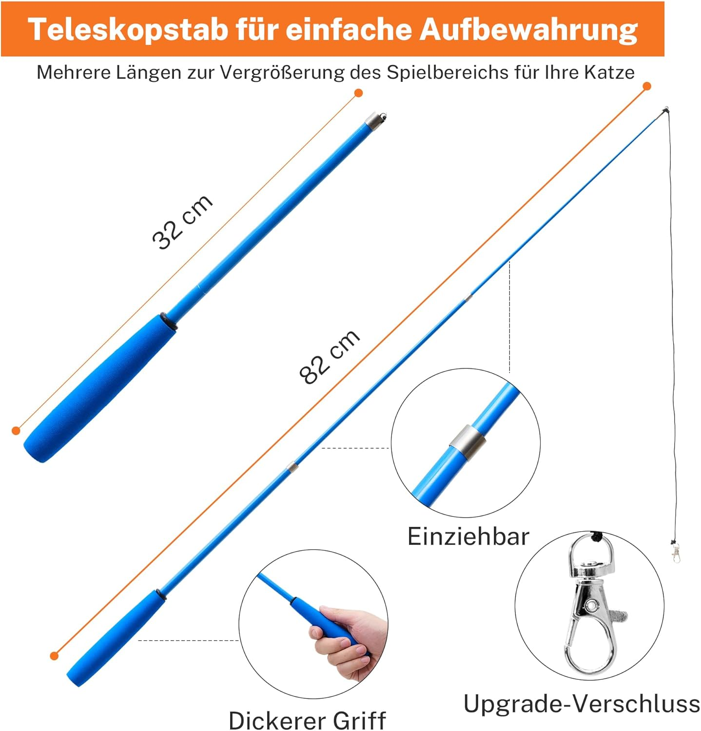 Toozey Cat Toy 12 Pieces, Cat Fishing Rod with 2 Pieces Retractable 10 Cat Toy Replacement Feathers, Cat Toy Self-Employment with Feather/Bug/Fish Bell, Interactive Cat Toy Set image number 6