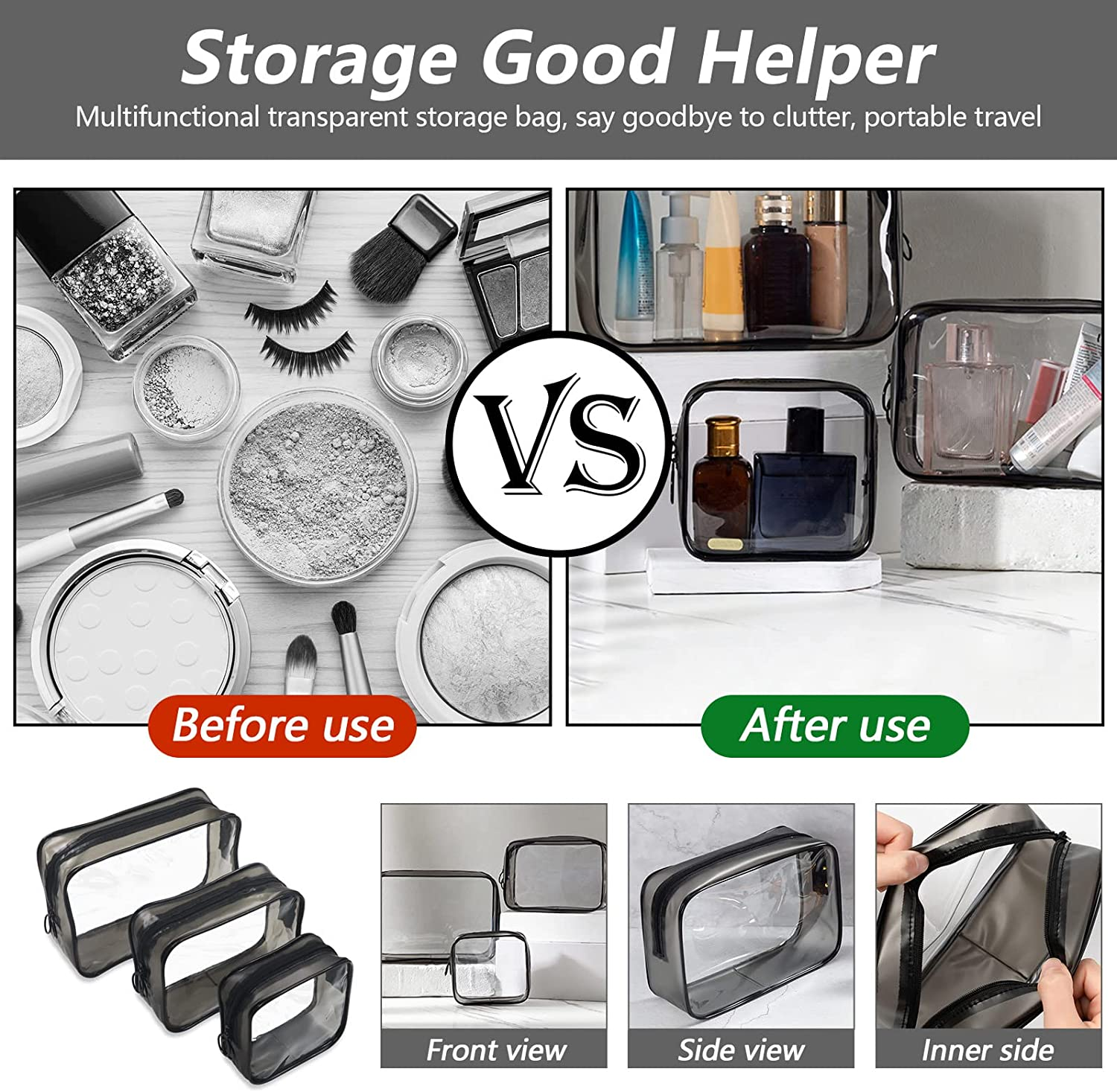 Set of 3 Clear Cosmetic Bags, Double Zipper Sliders Clear Travel Makeup Bags, Water Resistant Toiletry Bags, Portable Clear Pouches, Transparent Travel Pouch Bags (White) image number 3