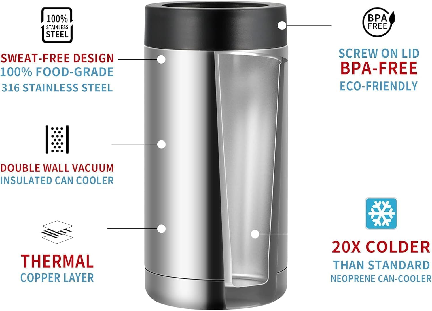 Beer Can Cooler, 16Oz Stainless Steel Double Wall Insulated Can Cooler, Beer Bottle Holder, Bottle or Tumbler for Slim Beer & Hard Seltzer Cans, Gifts for Beer Lovers (Silver) image number 2