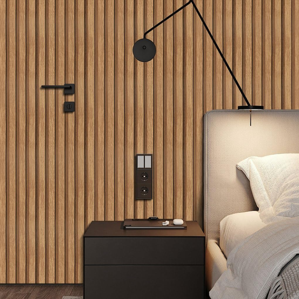 Arthome 43.5X305Cm Light Brown Stripe Wallpaper Self-Adhesive Removable Peel and Stick Wallpaper Vinyl Decorative Grain Paper Slats Easy to Clean