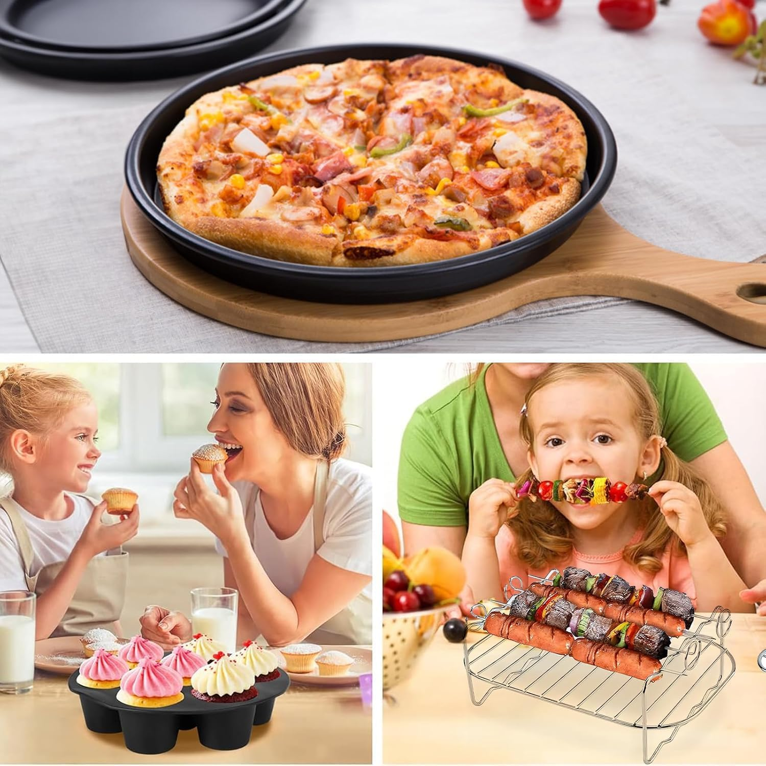 Air Fryer Accessories Set of 9,Dual Basket Fit for Ninja DZ201, DZ401 & Most 8 Qt - 10 Qt and Larger Zone Air Fryer, Include Cake Pizza Pan, Rack & Skewer, 100 Paper Liner (9) image number 3