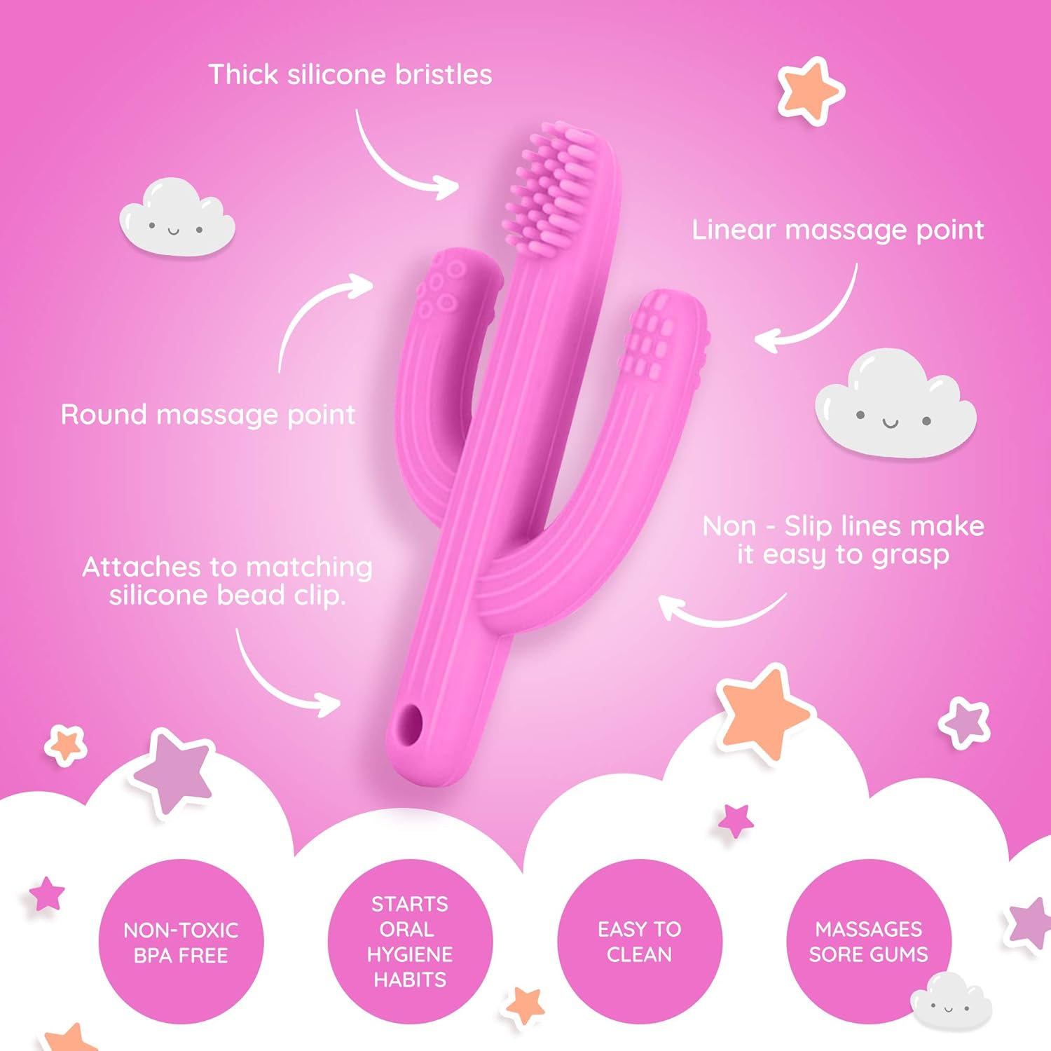 Pickle & Olive Baby Cactus Teether Toy- Infant Training Toothbrush, with Soother/Binky/Pacifier/Dummy Chain Holder/Strap (Pink) image number 5