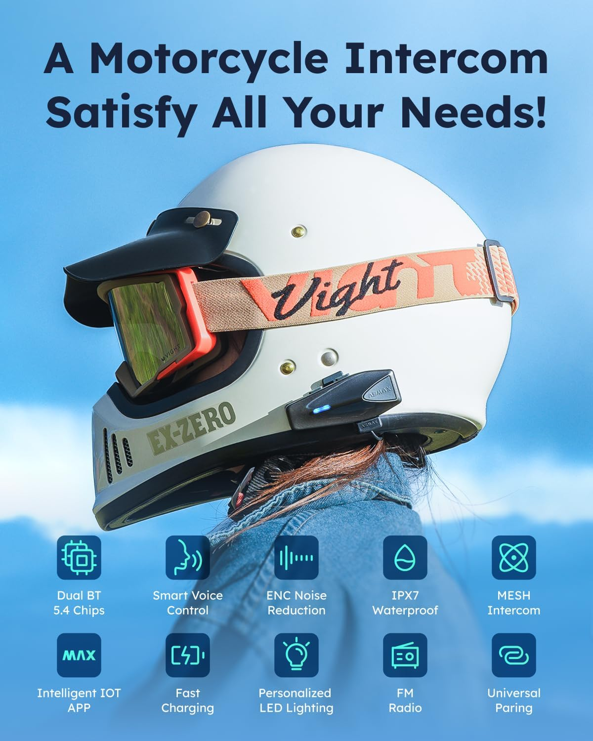 ASMAX S1 Motorcycle Bluetooth Headset, 8 Riders Mesh Helmet Communication Systems with FM Radio, AI Voice Control Motorcycle Intercom, 60 Min Fast Charging, Auto Volume Control for ATV, Single Pack image number 1