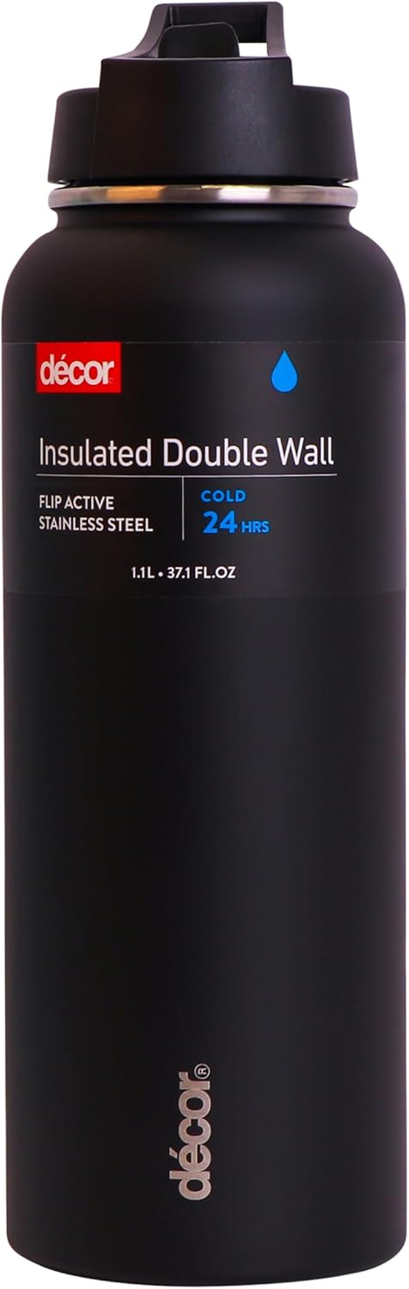 D&eacute;cor Flip Active Stainless Steel Water Bottle | Insulated Double Wall Bottle | 1.1L - Black