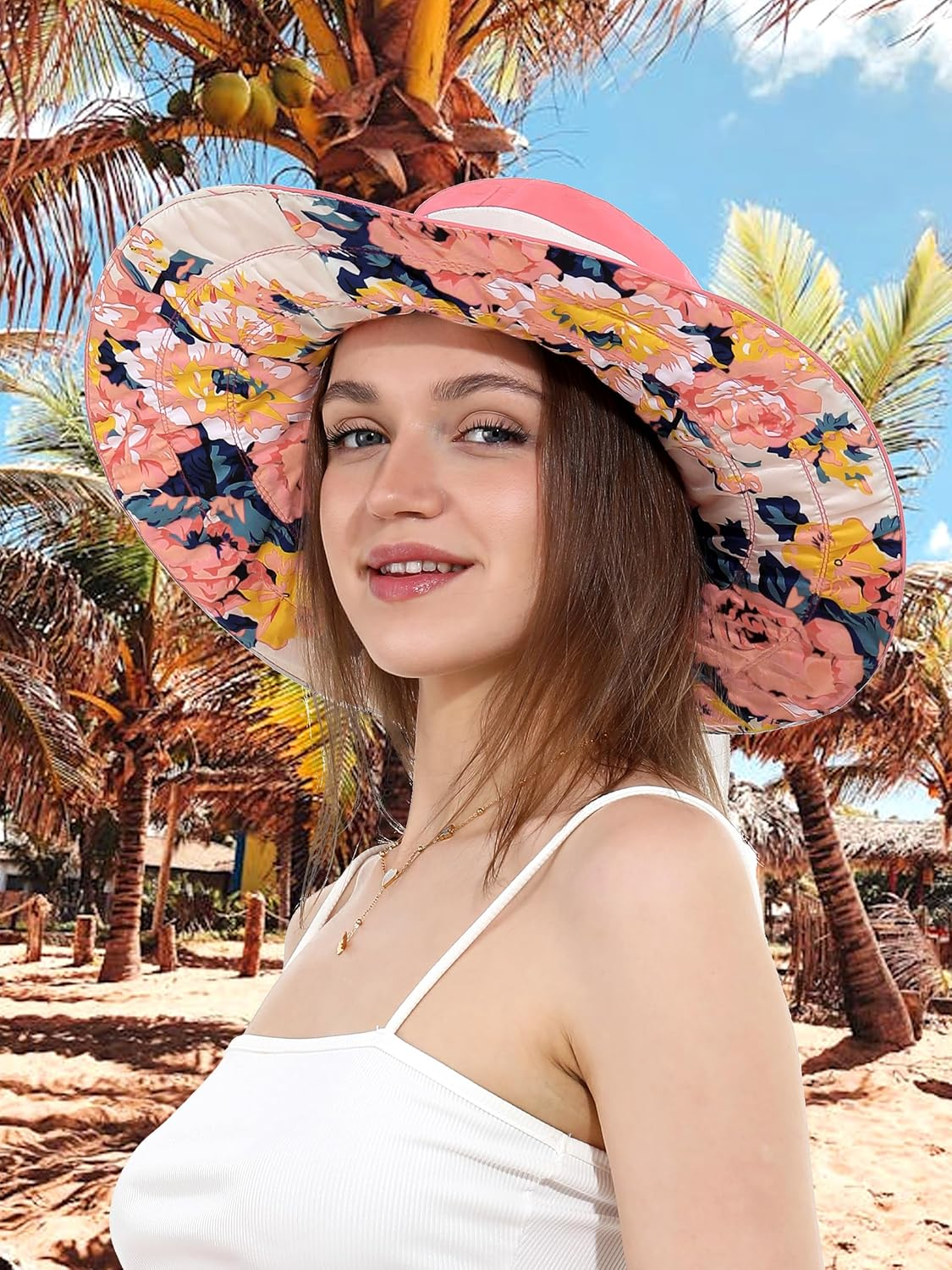Womens Wide Brim Sun Hat Reversible Print UV Protection Oversized Beach Cap Travel UPF 50+ image number 5