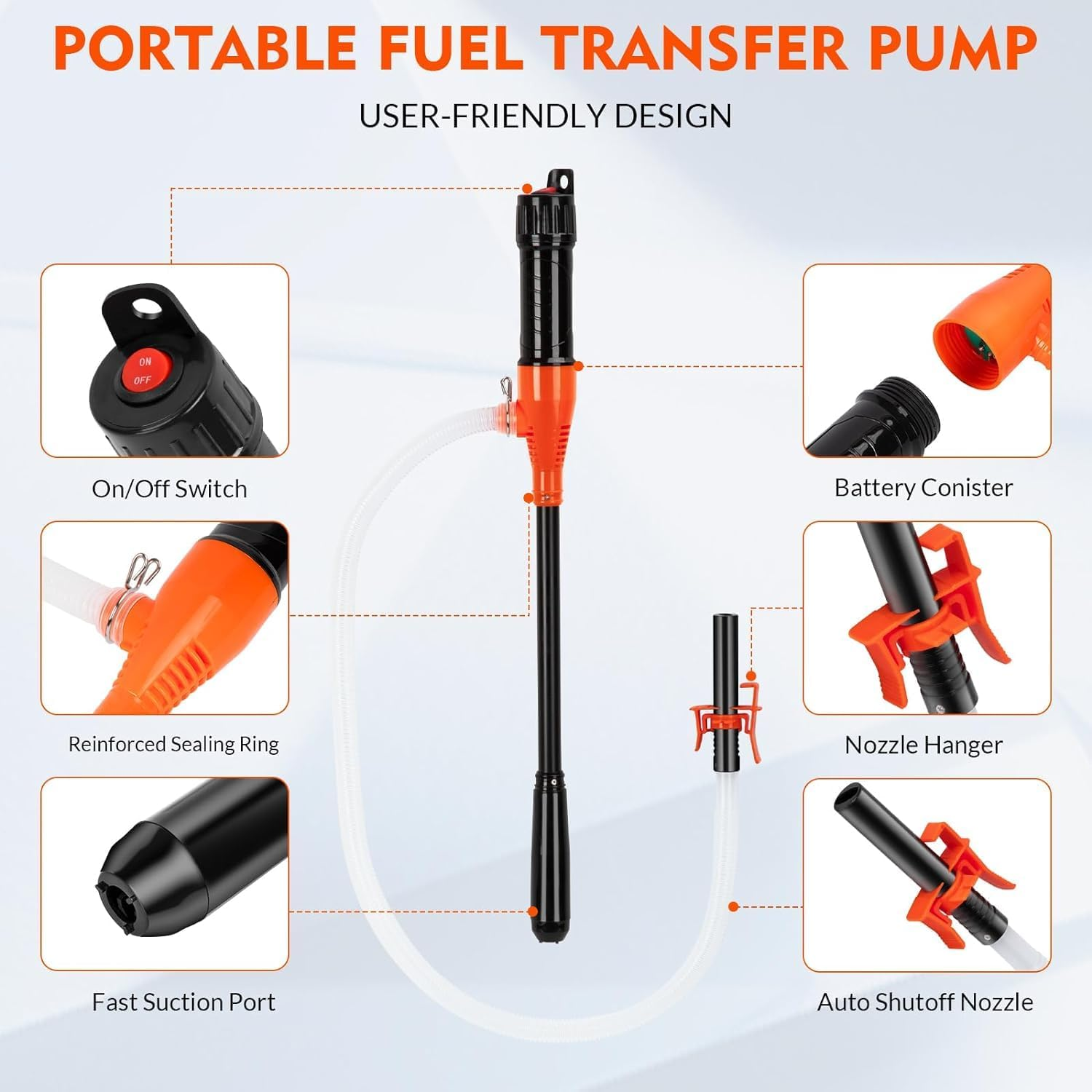 Portable Battery Operated Electric Siphon for Gas, Fuel, Diesel, Water 2.6 GPM Flow Oil Extractor - Easy to Use Hand Fuel, Multi-Use Siphon (Orange) image number 4