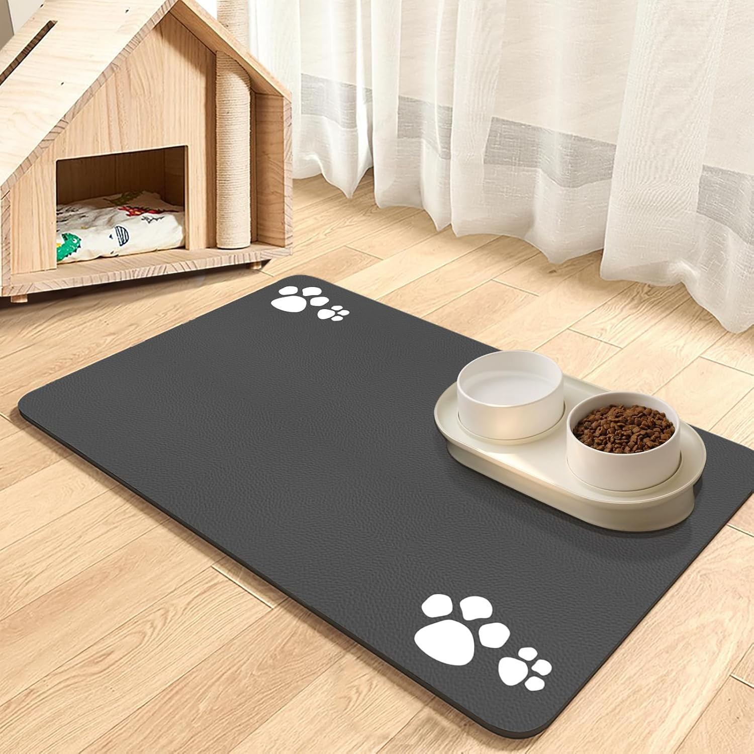 Pet Food Mat, Absorbent Dog Mat for Food and Water, Pet Placemats for Cat and Dog Water Bowl, Non-Slip Dog Food Mat, Dog Feeding Mat to Protect Your Floors (Dark Grey-2 Paws, 44.5 X 71 Cm)