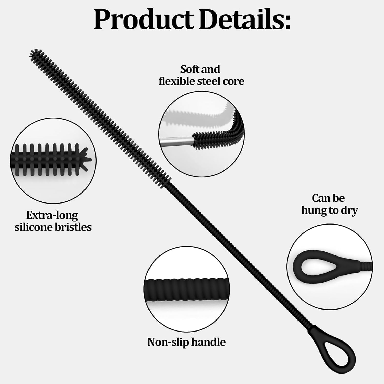 2 Pack Extra Long Silicone Straw Cleaning Brushes - Heavy Duty Reusable Straw Cleaner for Metal, Glass, Smoothie & Bubble Tea Straws - Bpa-Free Food Grade with Bendable Core (6Mm+9Mm, Black) image number 3