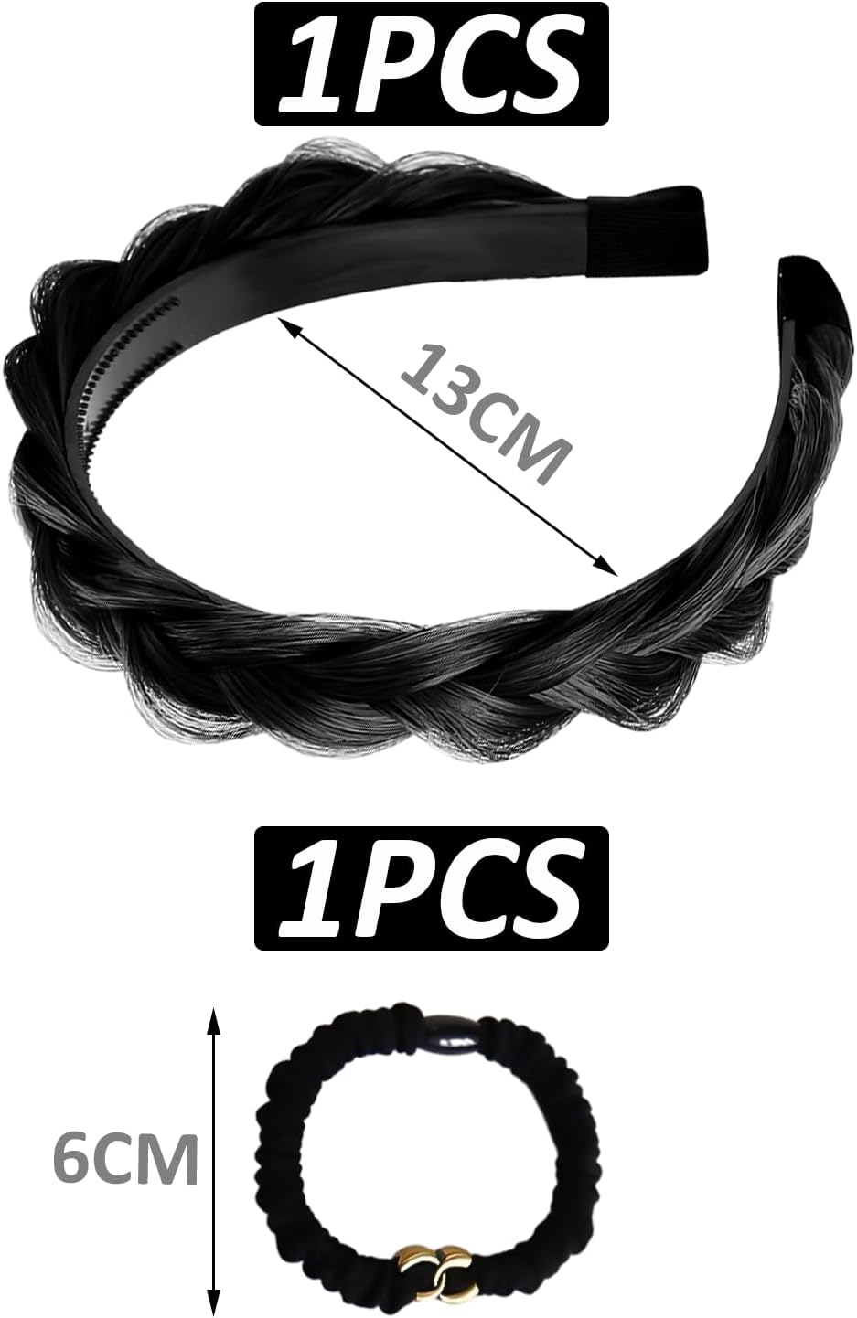 1 Piece Fluffy Braided Headband and 2 Pieces Letter Elastic Hair Accessories, Wide Padded Headband, Wig Braid Headband, Fluffy Invisible Headband (Black) image number 2