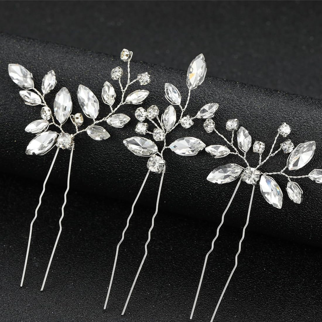 Pack of 3 Silver Crystal Hair Accessories Bride Wedding Hair Pins Headpiece Wedding Hair Clips Leaves Wedding Hair Pins U-Shaped Wedding Hair Clips for Women Girls