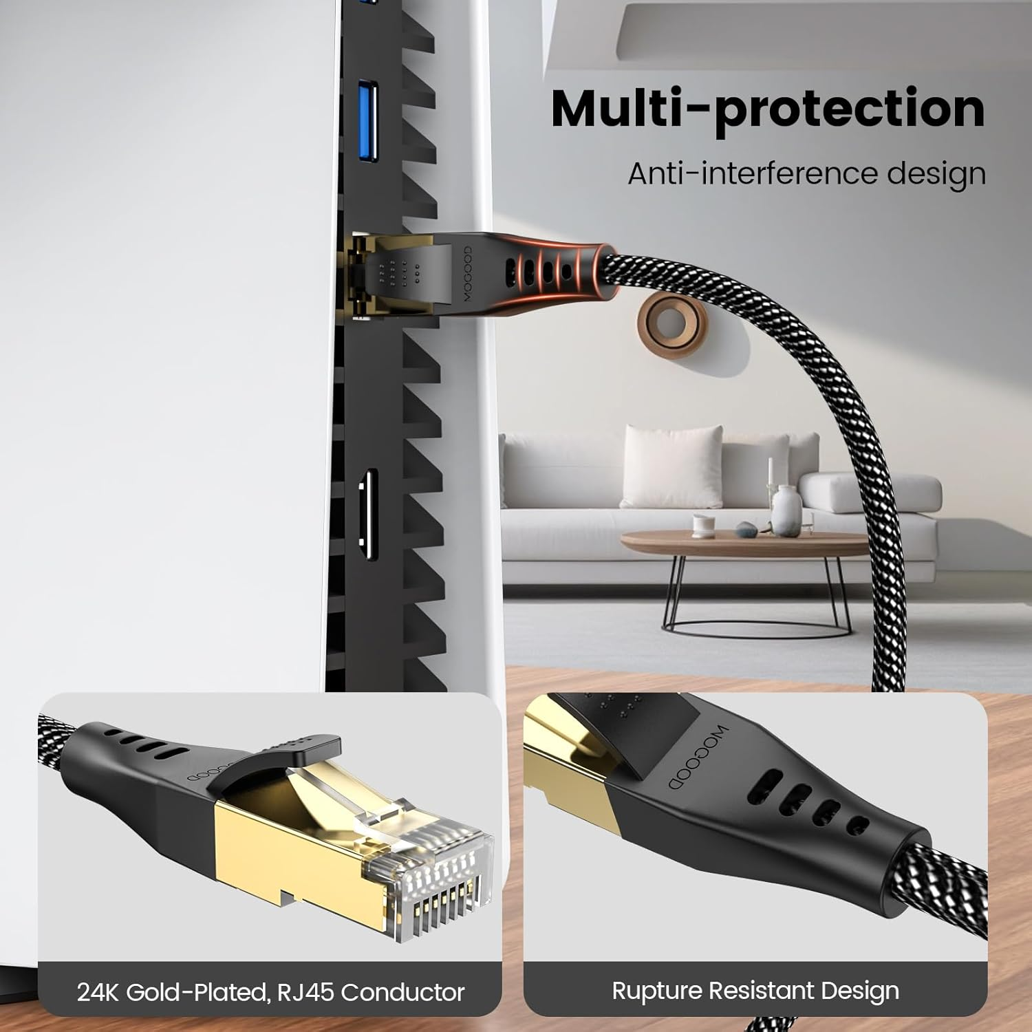 MOGOOD Cat 8 Ethernet Cable, 5M 40Gbps/2000Mhz High Speed Network Cable, STP RJ45 Gigabit Gold Plated Patch Cable Cat 8 LAN Internet Cable for PS4/5, Xbox, Modem. image number 2