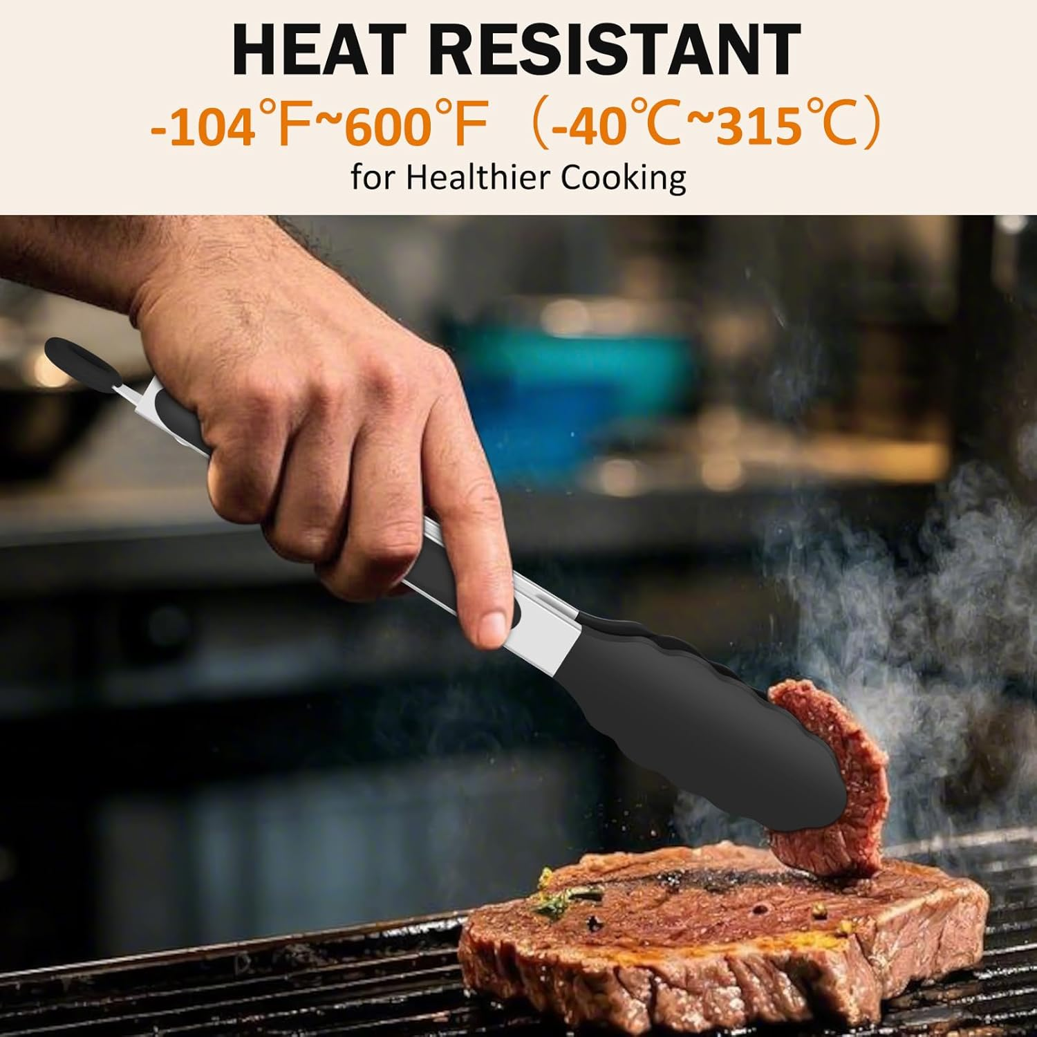 Tongs for Cooking, 600&ordm;f High Heat-Resistant Stainless Steel Kitchen Tongs with Silicone Tips, Non Scratch, Locking Tong for BBQ Grilling Air Fryer Food Salads, Set of 2 (9" and 12") Black