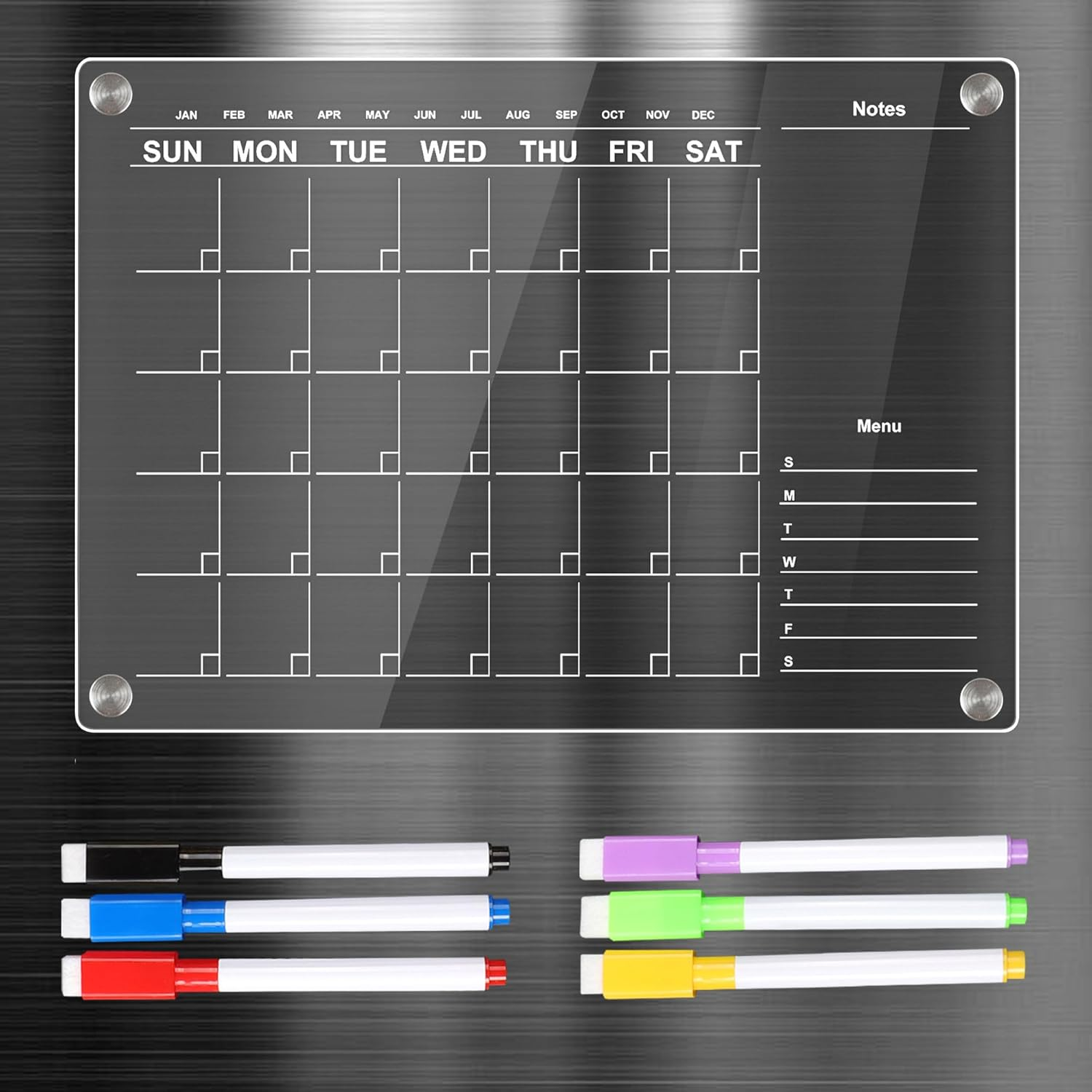 TECDW 1-Pack Magnetic Fridge Calendar 30X24Cm,Acrylic Calendar Monthly Planner with 6 Wet Erase Markers,Magnetic Fridge Planner for Home,Office,Kitchen image number 4