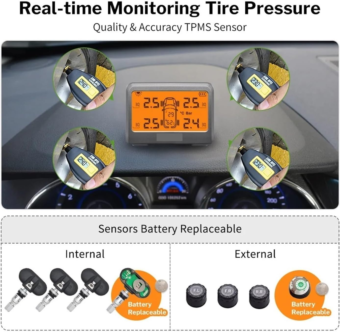 Solar TPMS Car Tire Pressure Monitoring System with 4 Wheel Tyre Battery Replaceable Internal External Sensors TMPS(MY77T External Type) image number 6
