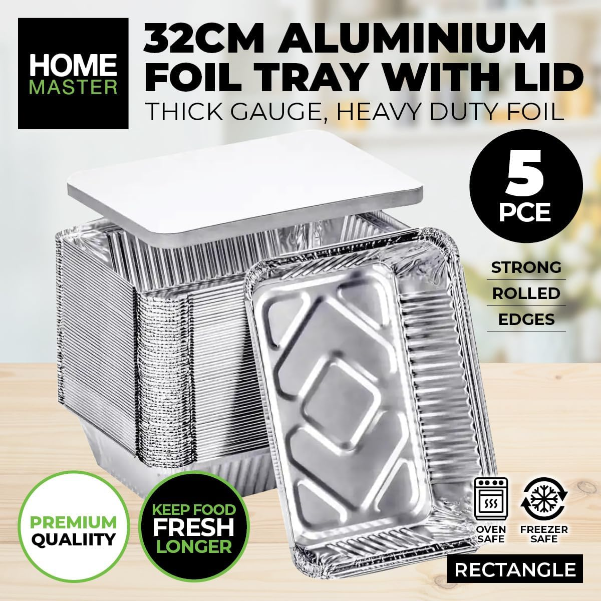 Home Master Foil Tray with Lids, Large, 32 Cm X 26 Cm X 6 Cm Size (Pack of 5)