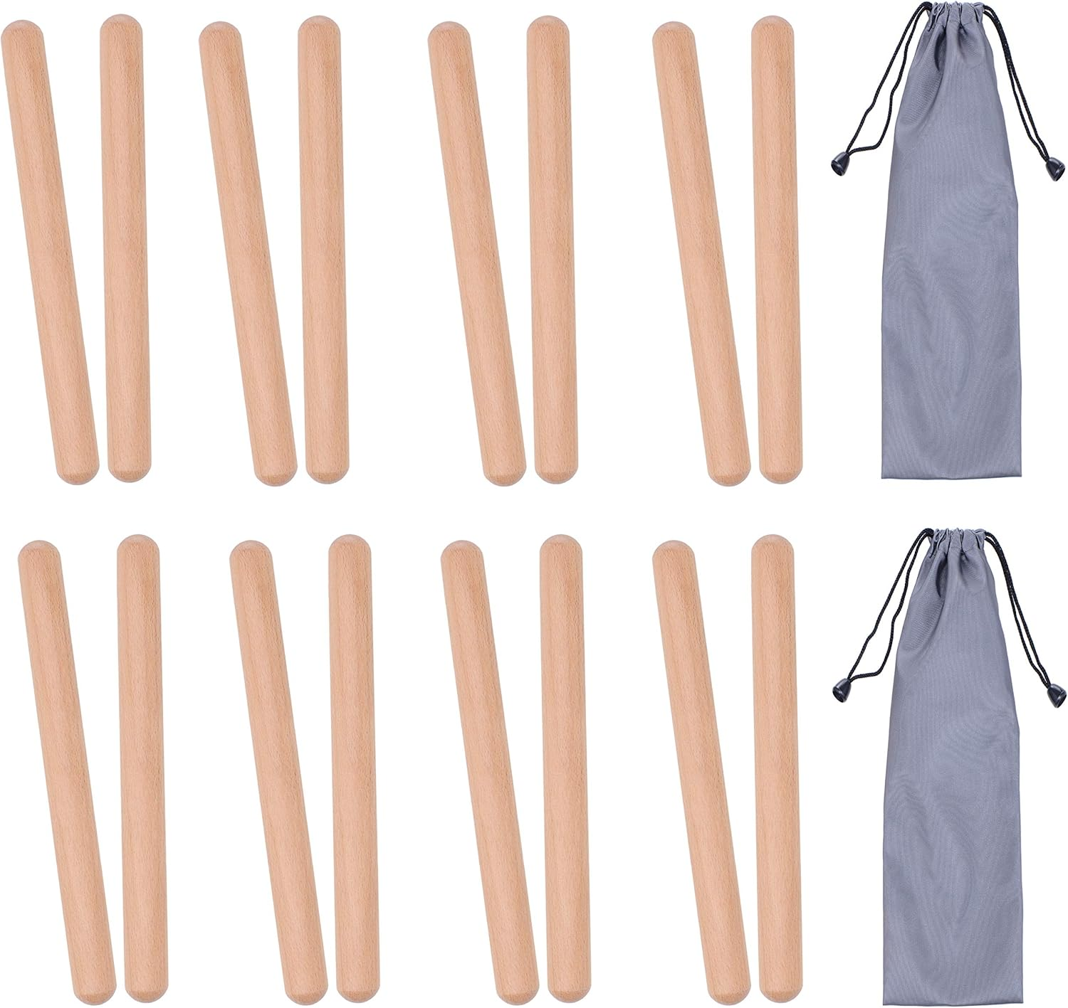 8 Pairs (16 Packs) Classical Wood Claves Musical Percussion Instrument, 8 Inch Natural Hardwood Rhythm Sticks with 2 Carry Bags for Adults and Kids image number 2