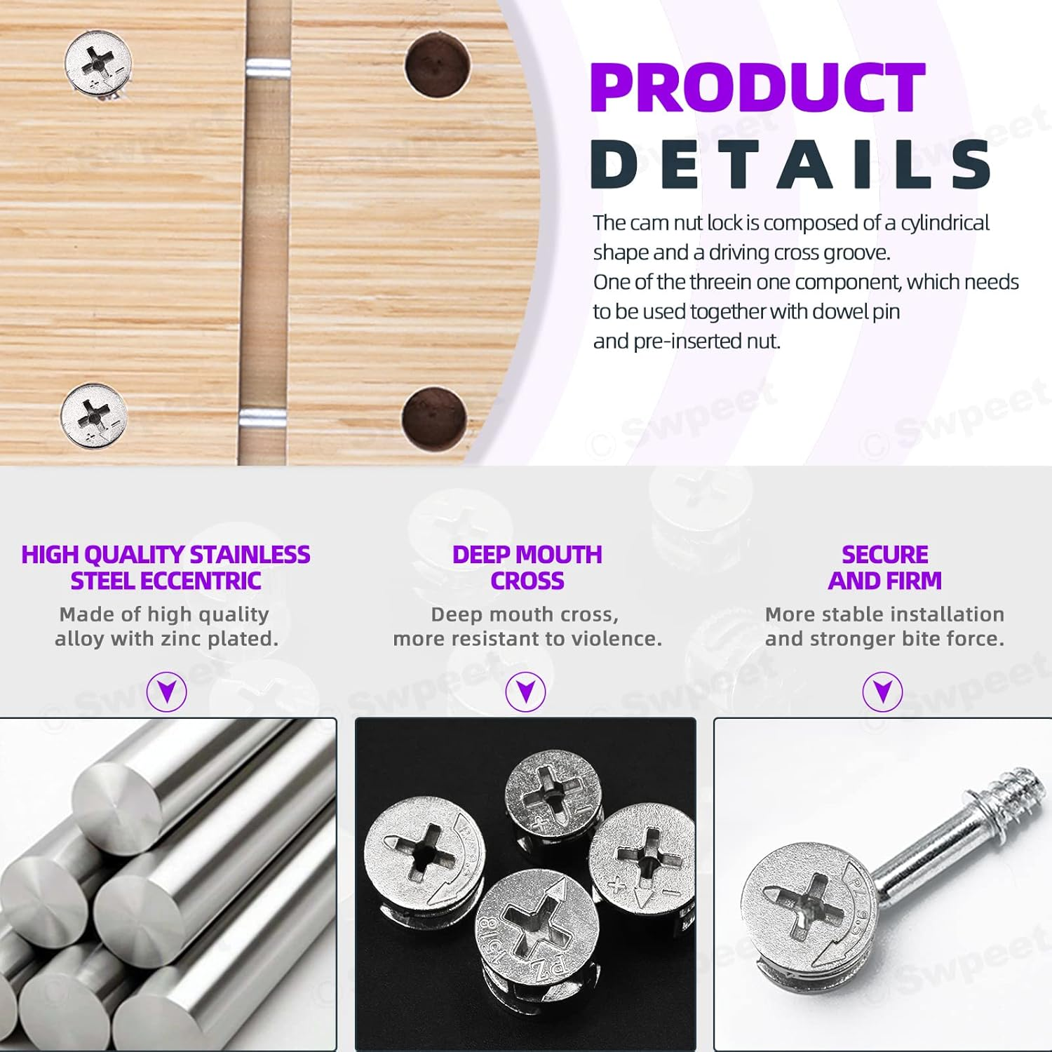 Swpeet 100Pcs 4 Sizes 3 in 1 Furniture Connecting Cam Lock Fittings Assortment Kit, Fastener Cabinet Connectors Hardware Bolts Furniture Connecting Lock Nut for Closets Bed Furniture Connecting image number 3