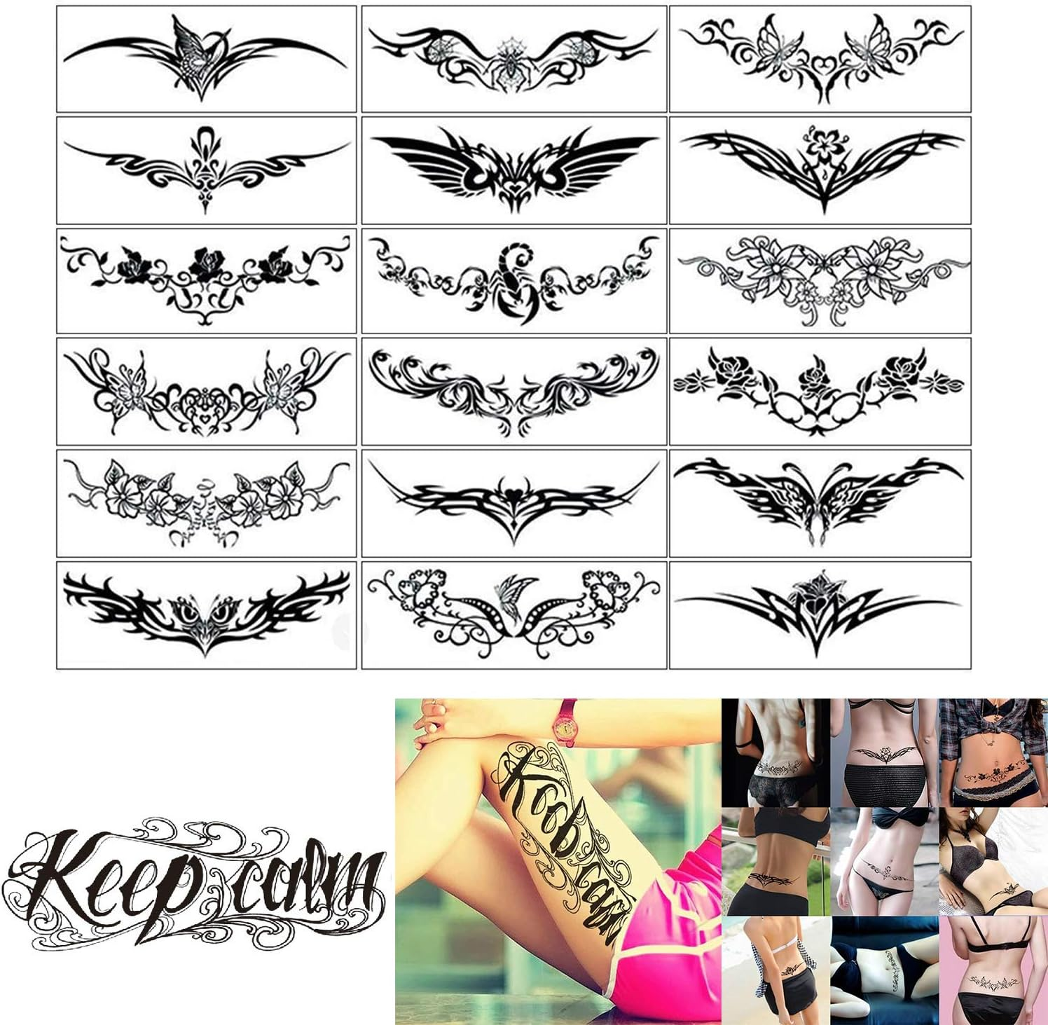 ELANE 19 Sheets Tramp Stamp Temporary Tattoo,Fake Temporary Tramp Stamp Tattoo Stickers for Women Grils Men