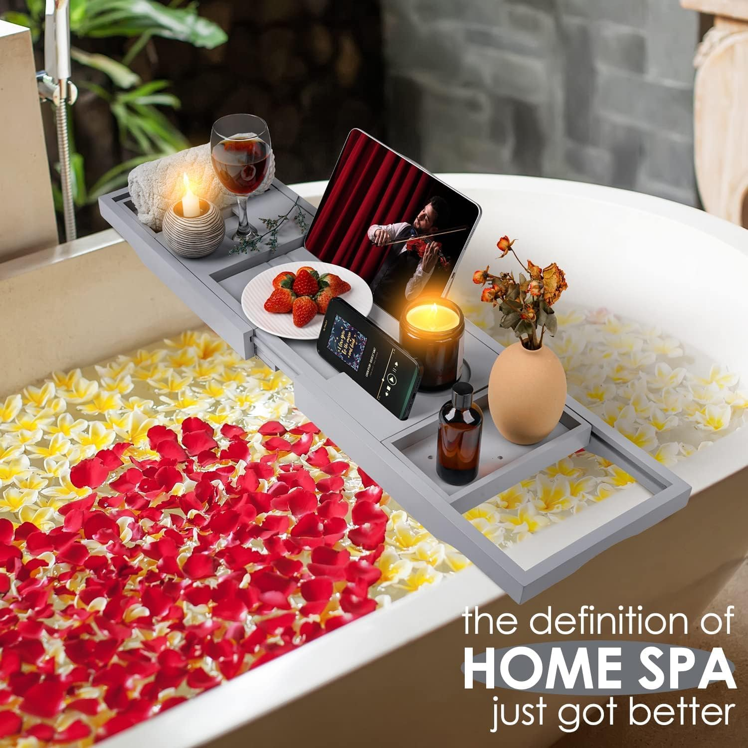 Bathtub Caddy Tray for Tub, Premium Expandable Bamboo Bath Tub Tray Table with Wine Glass Holder Book Phone Tablet Holder, House Warming Gifts, Anniversary and Wedding Gifts (Grey) - Grey image number 6