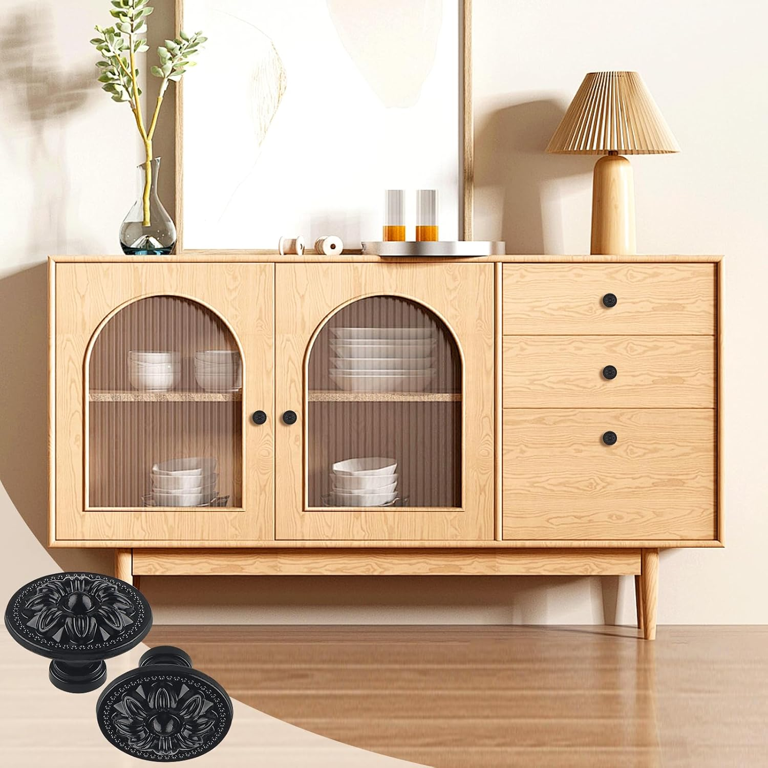 Ynewl Pack of 12 Vintage Furniture Handles, 30 Mm round Furniture Knobs with Screws Screwdriver, Floral Pattern Cabinet Knobs - Used for Cupboards, Wardrobes, Furniture and Hardware Handles (Black image number 5