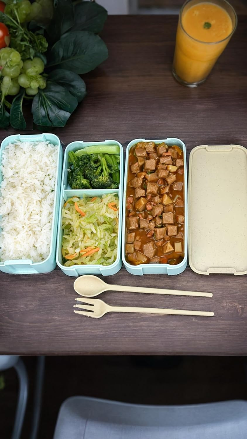 Honwor Leakproof Bento Box for Kids & Adults | 3-In-1 Meal Prep Container | Dishwasher Safe | Japanese Style | Beige | Easy Food Portioning & Storage