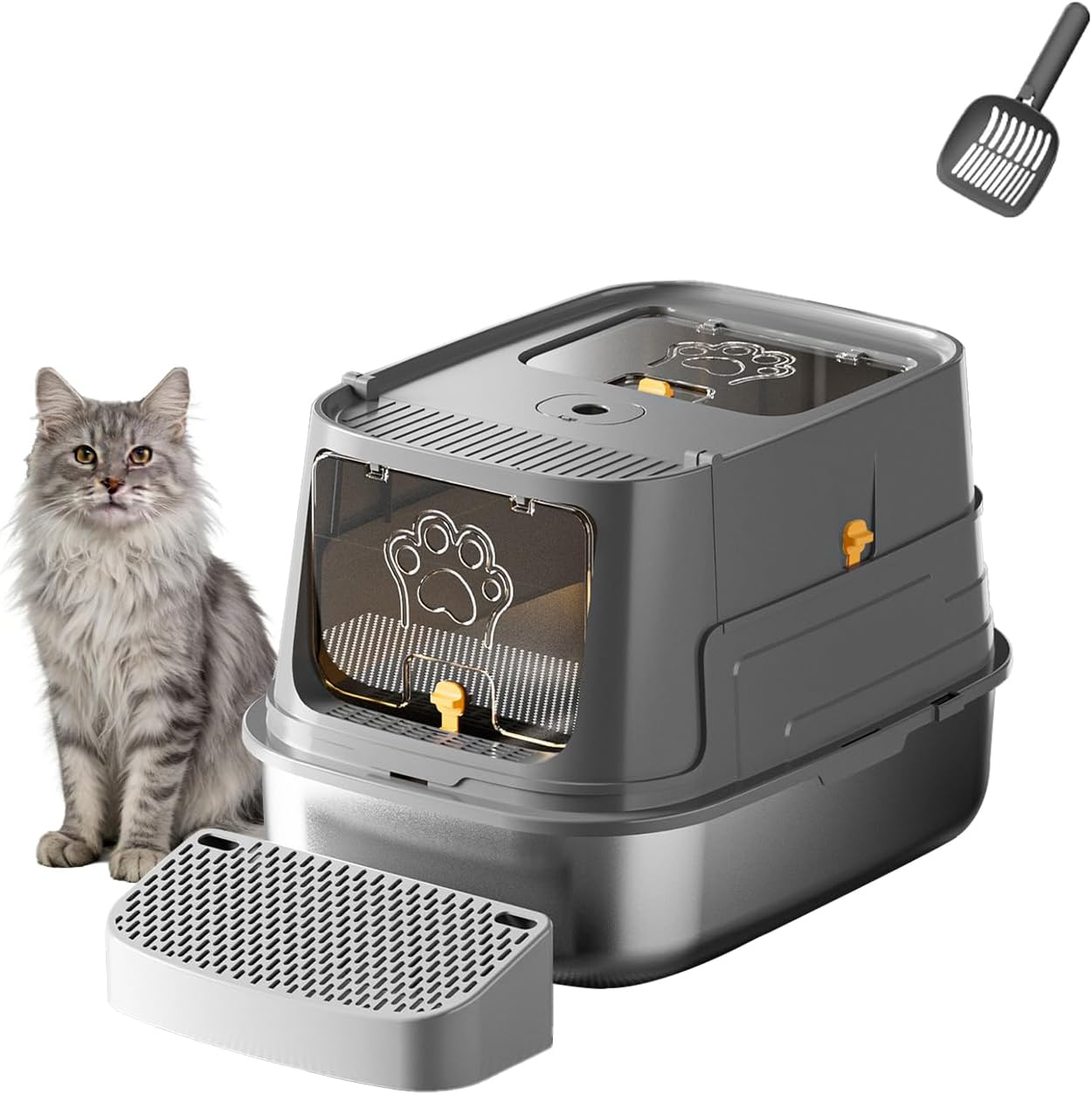 XL Large Stainless Steel Cat Litter Box with Lid &ndash; Modular Enclosed High Sided Design, Leak Proof Cat Litter Tray with Dual Entry, Includes Non-Slip Step, Easy Clean for Big Cats & Multi-Cat Homes image number 1