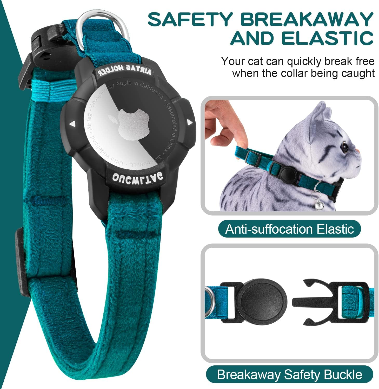 Luminous Airtag Cat Collar Breakaway, GPS Cat Collar with Apple Air Tag Holder, Cat Tracker Collars with Safety Elastic Band for Girl Boy Cats, Kittens and Puppies (7-10 Inch, Blue) image number 5