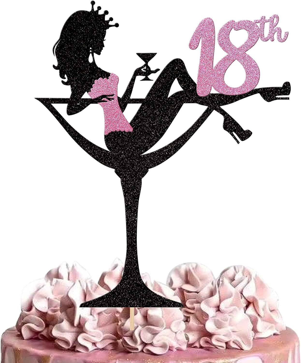 1 Pack Sitting Girl Silhouette Cake Topper Glitter Eighteen High Heel Girl Cake Pick Cheers to 18Th Cake Decorations for Makeup Spa Theme Happy 18Th Birthday Party Supplies (Pink) image number 3