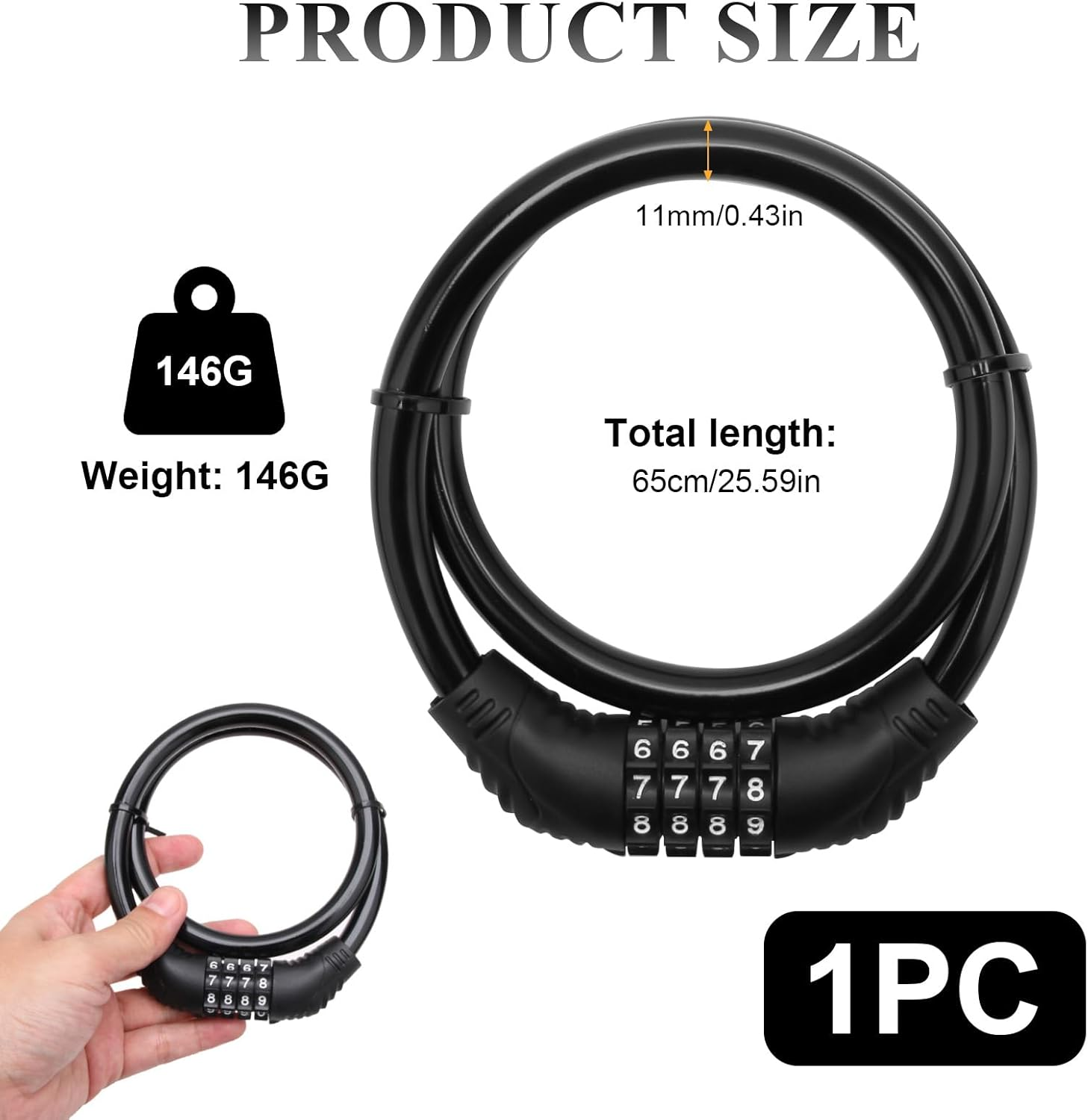 Combination Bike Lock with 65Cm Coiled Cable - 4 Digit Resettable Keyless Lock for Bicycle, Scooter, E-Scooter | Heavy Duty Anti-Theft Security | PVC Coated Flexible & Cut Resistant (Black) image number 1