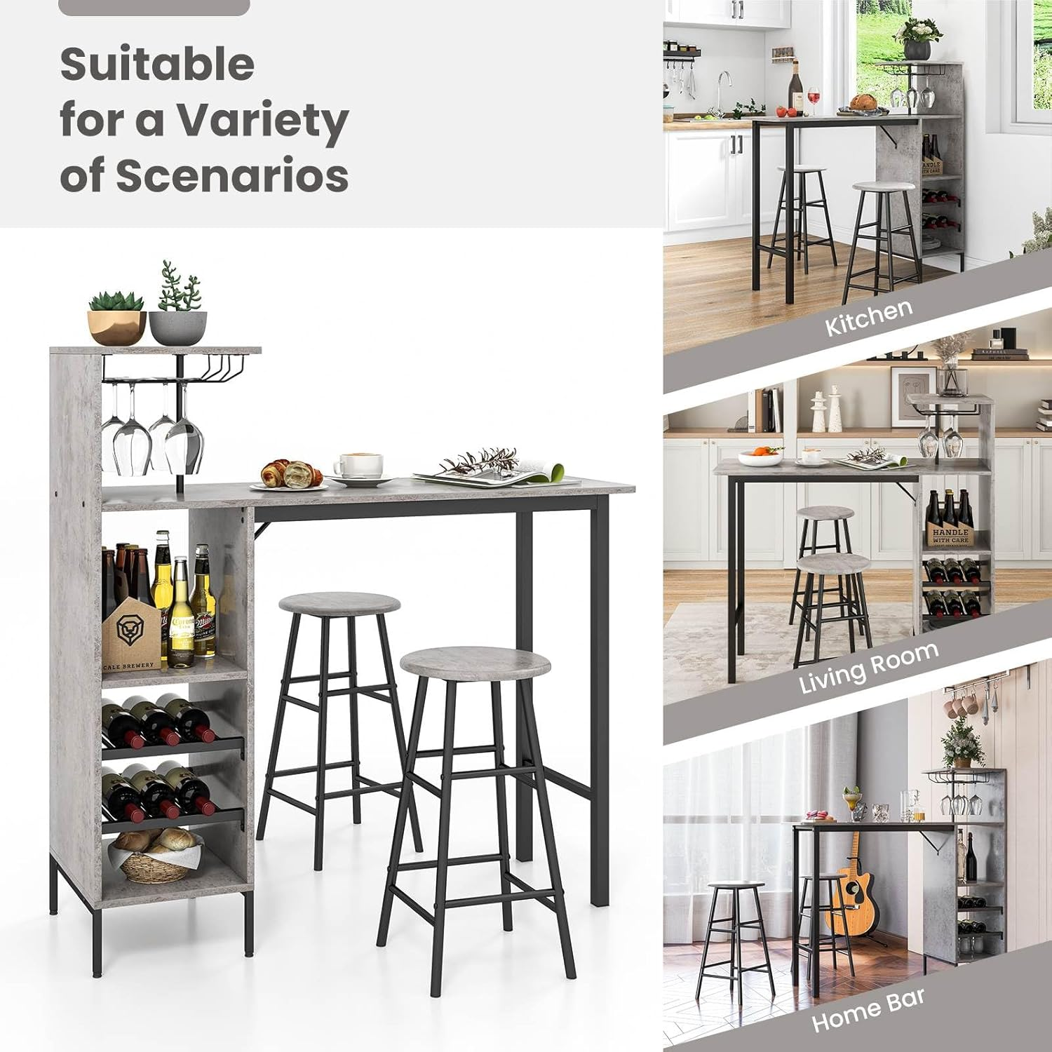 Giantex 3PCS Bar Table and Chair Set, Industrial Pub Table and Stools with Wine Glass Holders & 6-Bottle Wine Racks, Counter Height Dining Table Set for Living Room Dining Room Kitchen, Grey - Brown image number 6