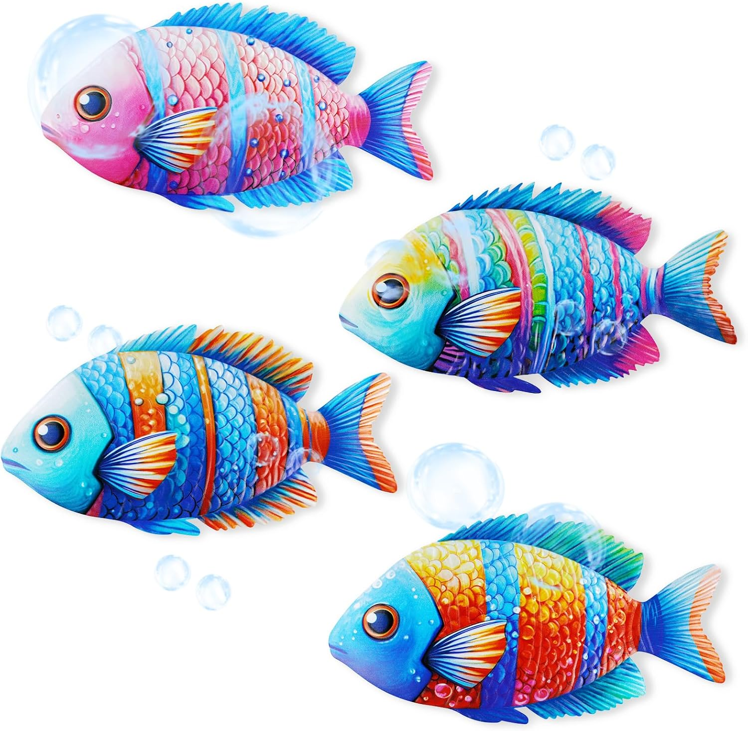 4Pcs Tropical Fish Decor, LIOUCBD Colorful Wall Decor Indoor or Outdoor, Metal Fish Wall Decoration for Beach Nautical Swimming Pool, Hanging Ocean Sea Wall Art for Living Room Barthroom Bedroom Patio