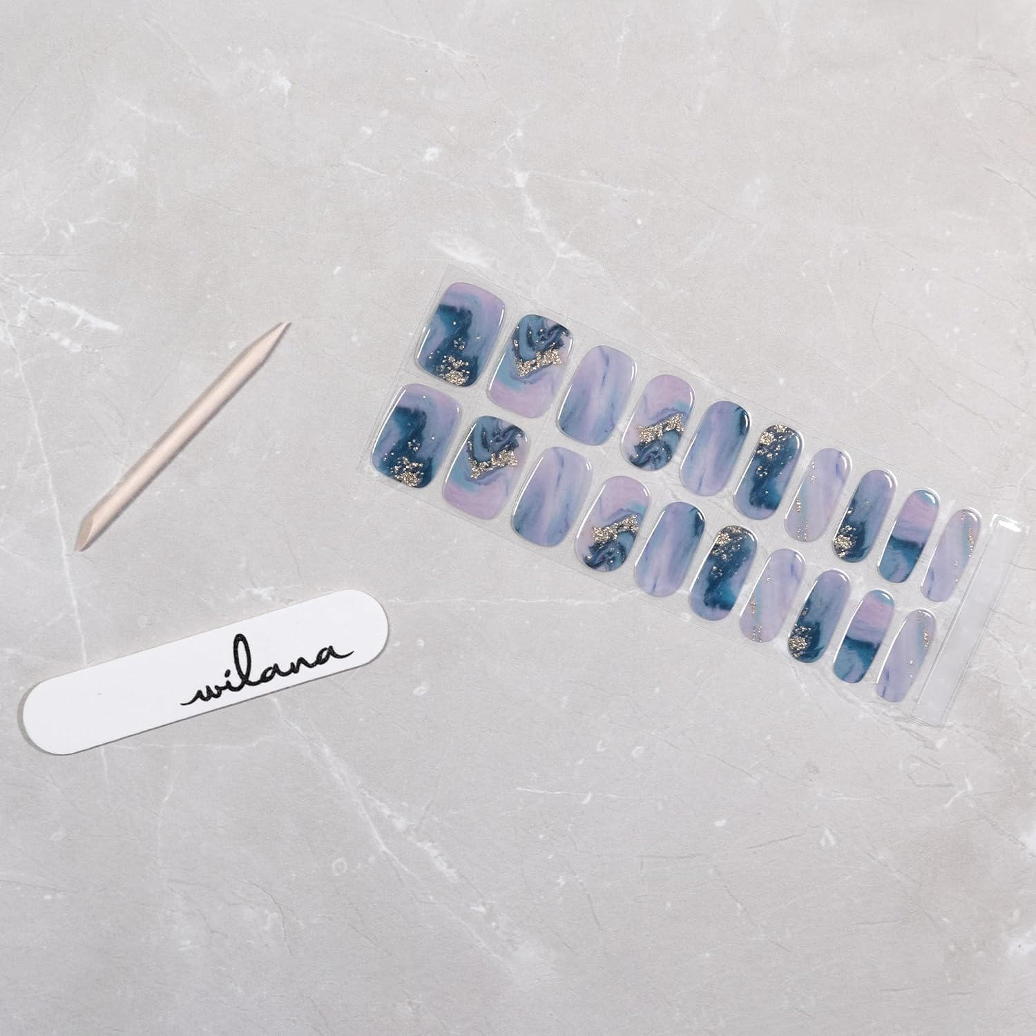 Wilana Gel Nail Stickers - Long-Lasting Semi-Cured Gel Nail Strips - Blue and Purple Marble with Glitter (Airlie) image number 5
