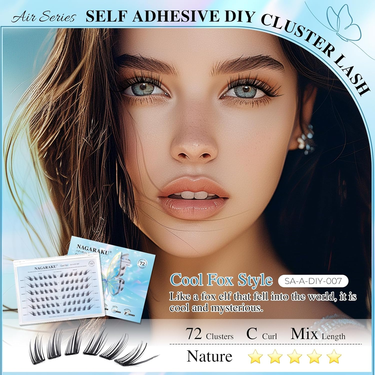 NAGARAKU Pre Glued Cluster Lashes Air Series Eyelashes Cool Fox Style 72 Pcs No Glue Needed Pre-Bond Eyelashes Self Adhesive DIY Lashes（0.07Mm C Curl Mix Length) image number 5