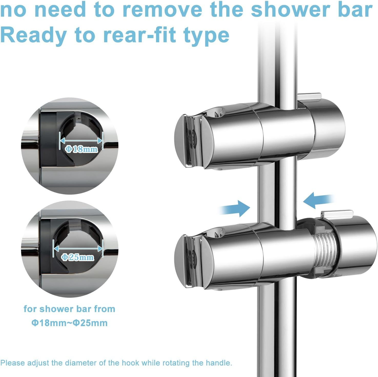 Adjustable Shower Head Holder for Slide Bar,18-25Mm(0.71-1.00 In) O.D Hand Shower Holder Bracket,Detachable Slider Clamp Bathroom Replacement, 360 Degree Rotation Sprayer Holder,Chrome Plated image number 5