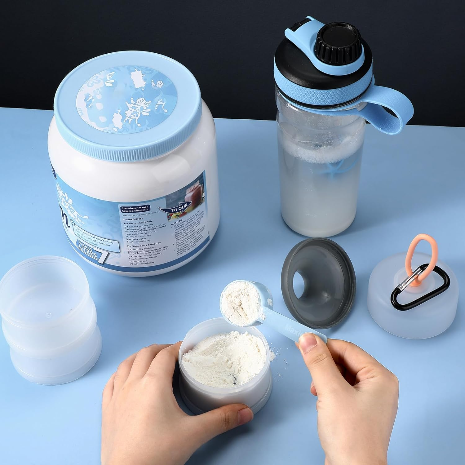 Baderke 2 Pcs Protein Container with Funnels Stand, 4 Stackable Leakproof Dispenser, Portable Keychain Container for Workout, Fitness, Travel (Gray, White) - Blue image number 6