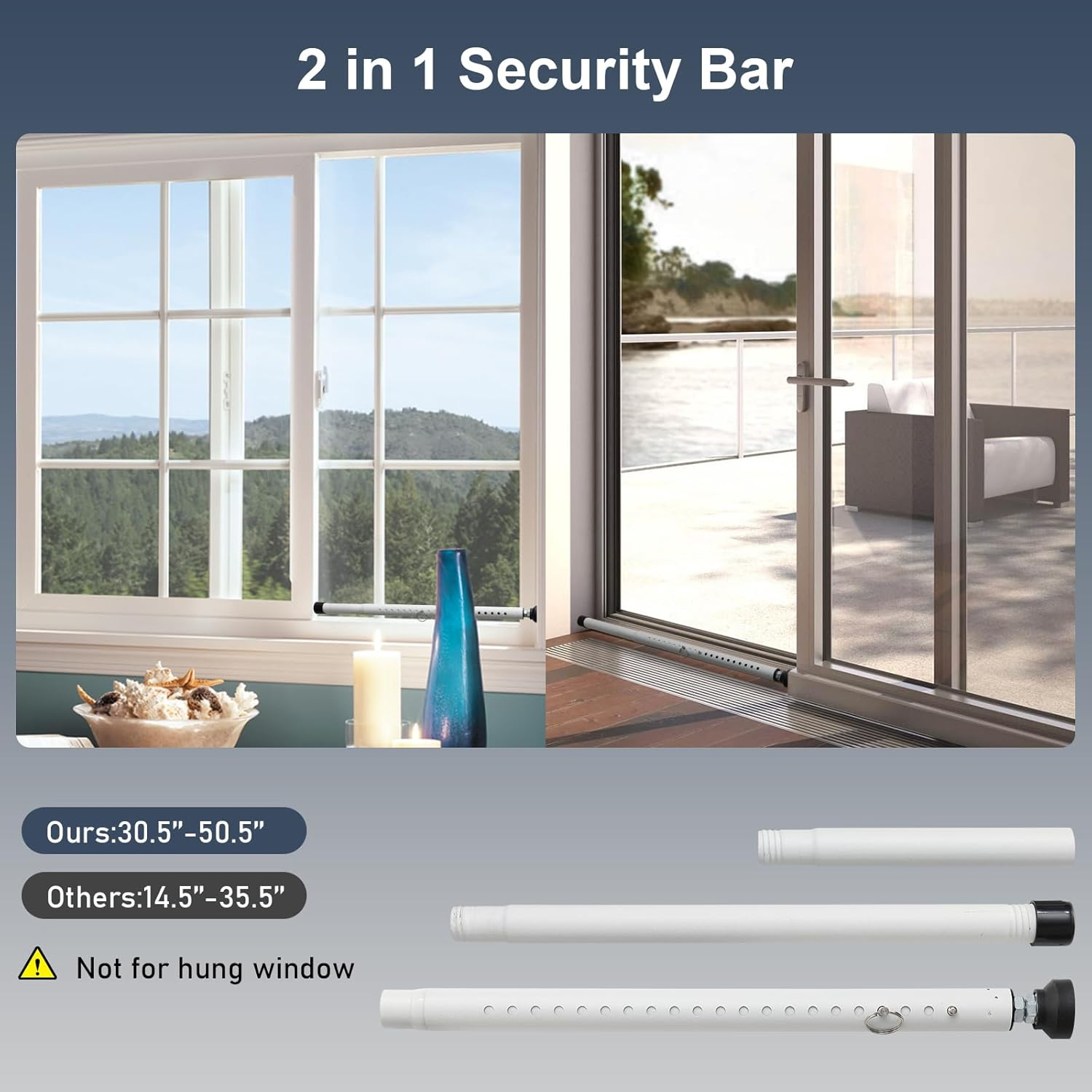 DIIG Sliding Door Security Bar，17.7-50.5Inch Adjustable Locking Window Safety Bar with Rubber Tips,Diameter 1Inch Window Security Bar for Home Apartment （White） image number 6