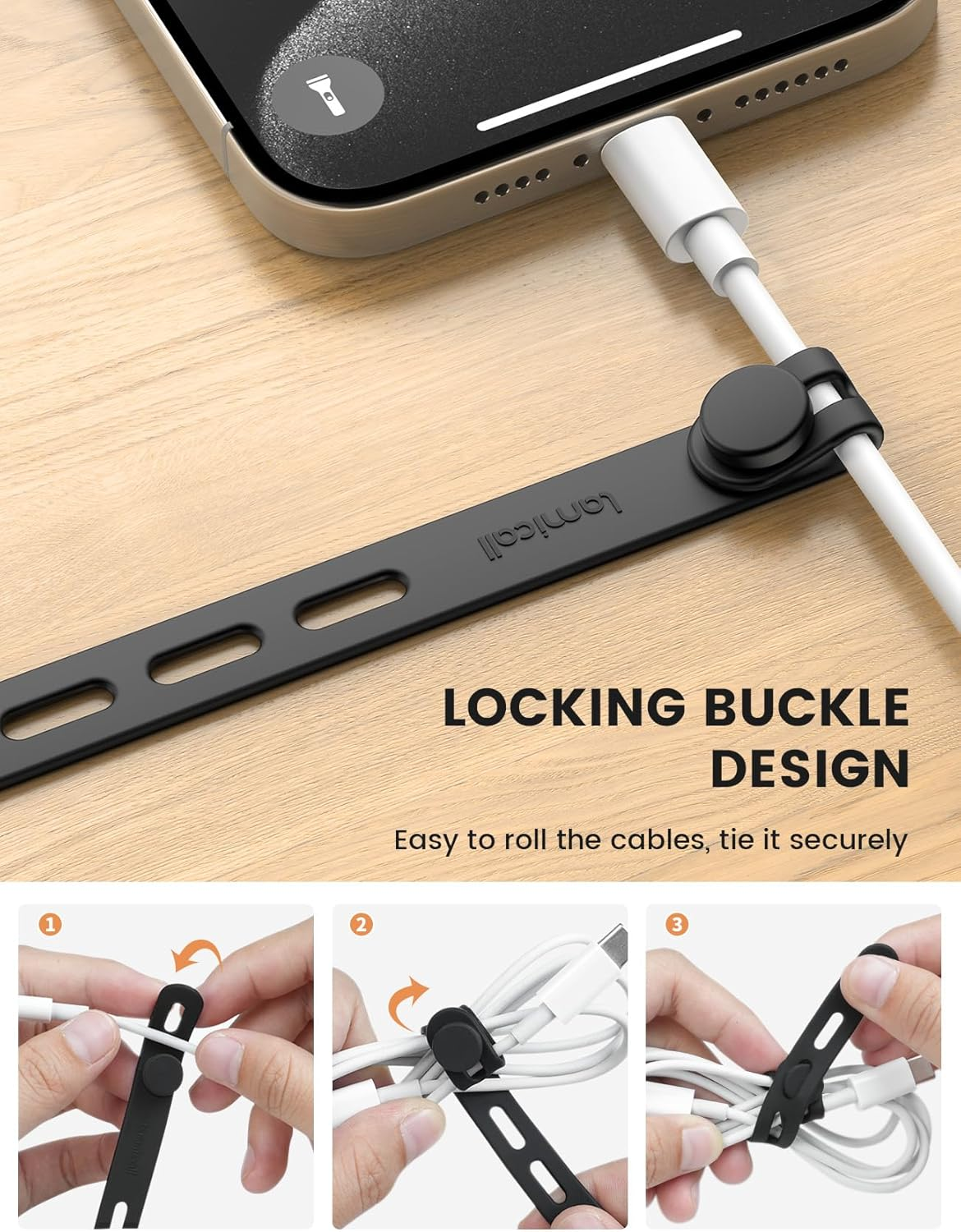 10Pack Silicone Cable Ties Cord Organizer Strap - Lamicall Reusable Washable Wire Wrap Management with Lock Buckle, Elastic Adjustable Charger Cable Wrap Tie, Electrical Cord Organizer for Travel Home image number 6