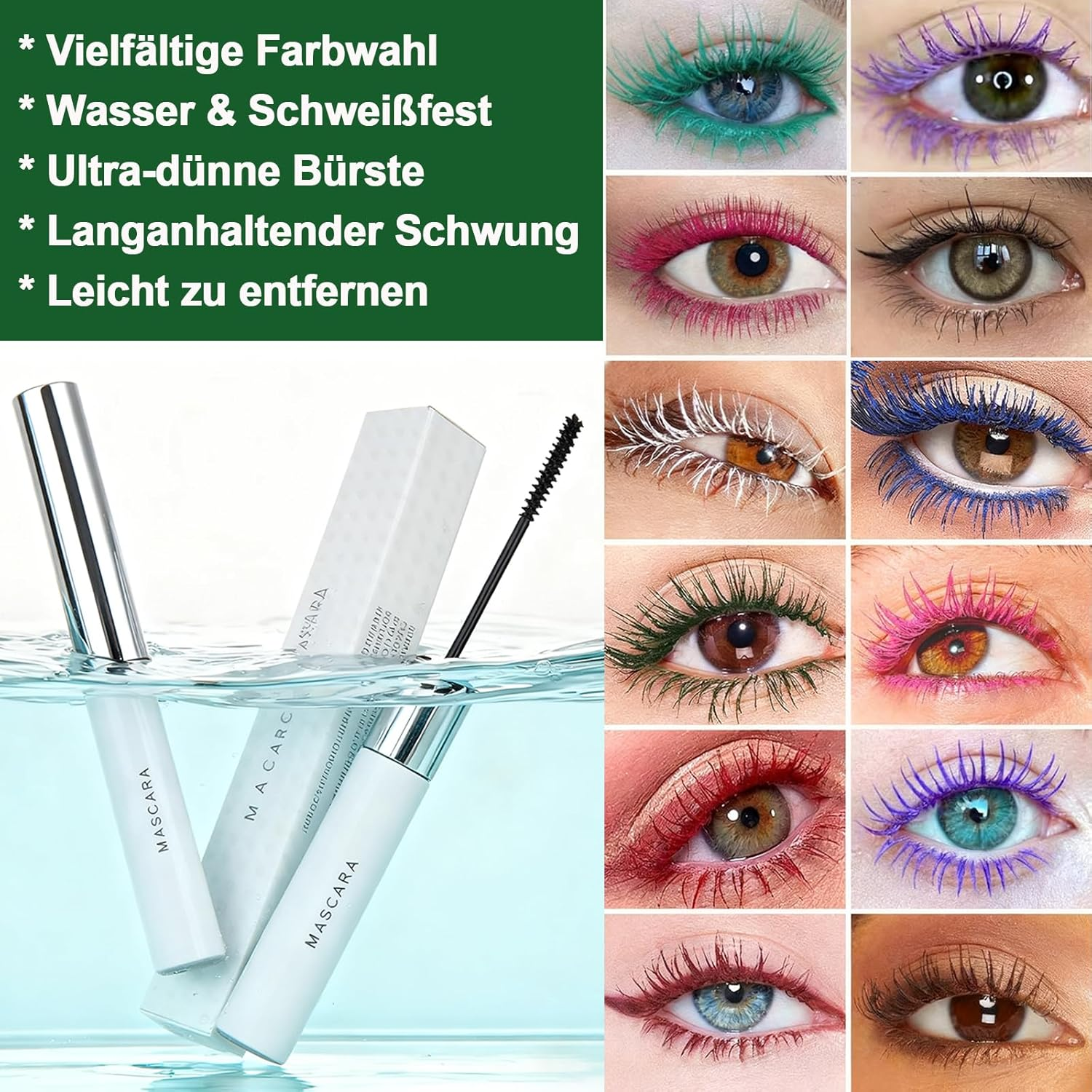 Ultra Fine Mascara - Waterproof & Smudge-Proof 5D Waterproof Mascara for Long and Voluminous Eyelashes, Non-Clumping, Silk Fibre Mascara with Fine Precision Brush and Smooth Texture (Green, 5 Ml) image number 5