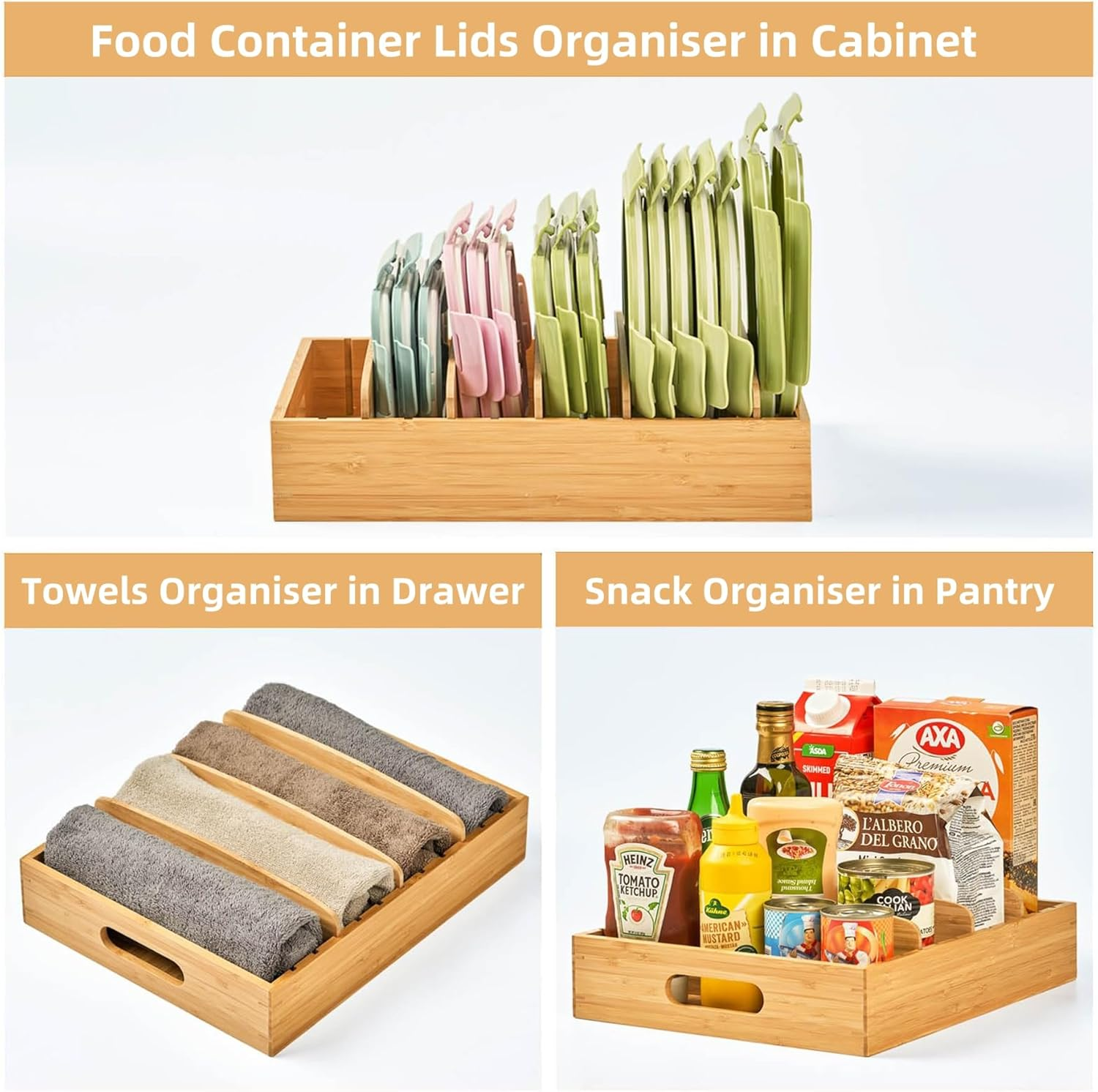 FORYUSE Bamboo Food Storage Container Lids Organiser with 5 Adjustable Dividers Kitchen Cabinet Plastic Lid Holder image number 1