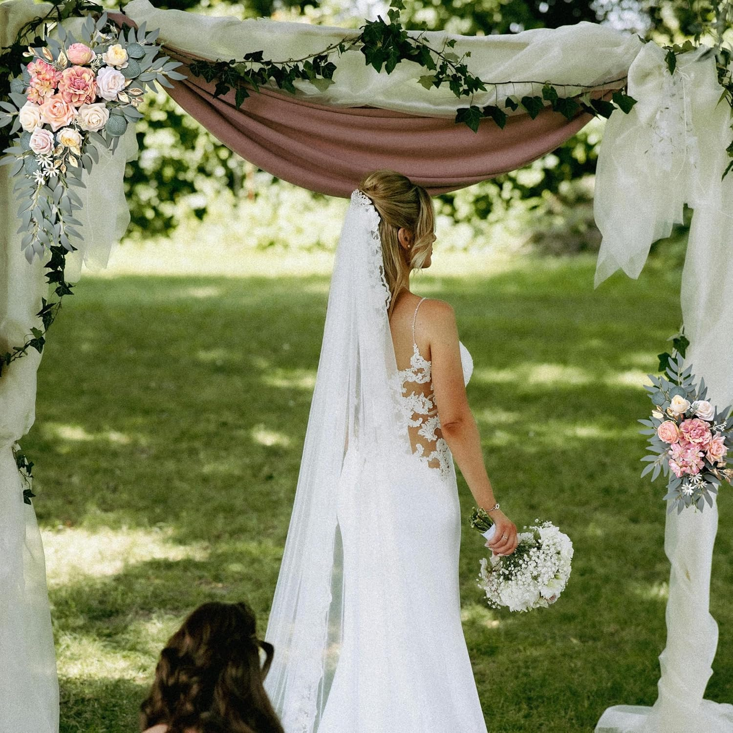 Artificial Flowers Silk Upgraded Swag Set for Wedding Arch Anniversary Welcome Sign Celebration Reception Floral Party Engagement Chair Floral Backdrop Decorations (Peach Pink) - Orange Red image number 4