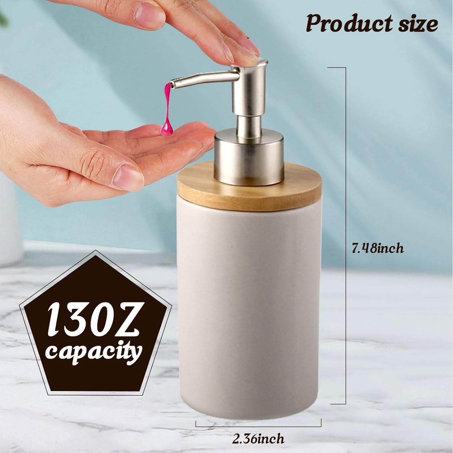 2Pcs Ceramic Dish Soap Hand Soap Dispenser, 400Ml Hand Soap Dispenser Set Kitchen Decorative Pump Jar Dispenser Refillable Liquid Wash Dispenser Bottle for Bathroom, Countertop, Kitchen (Grey) - Black image number 2