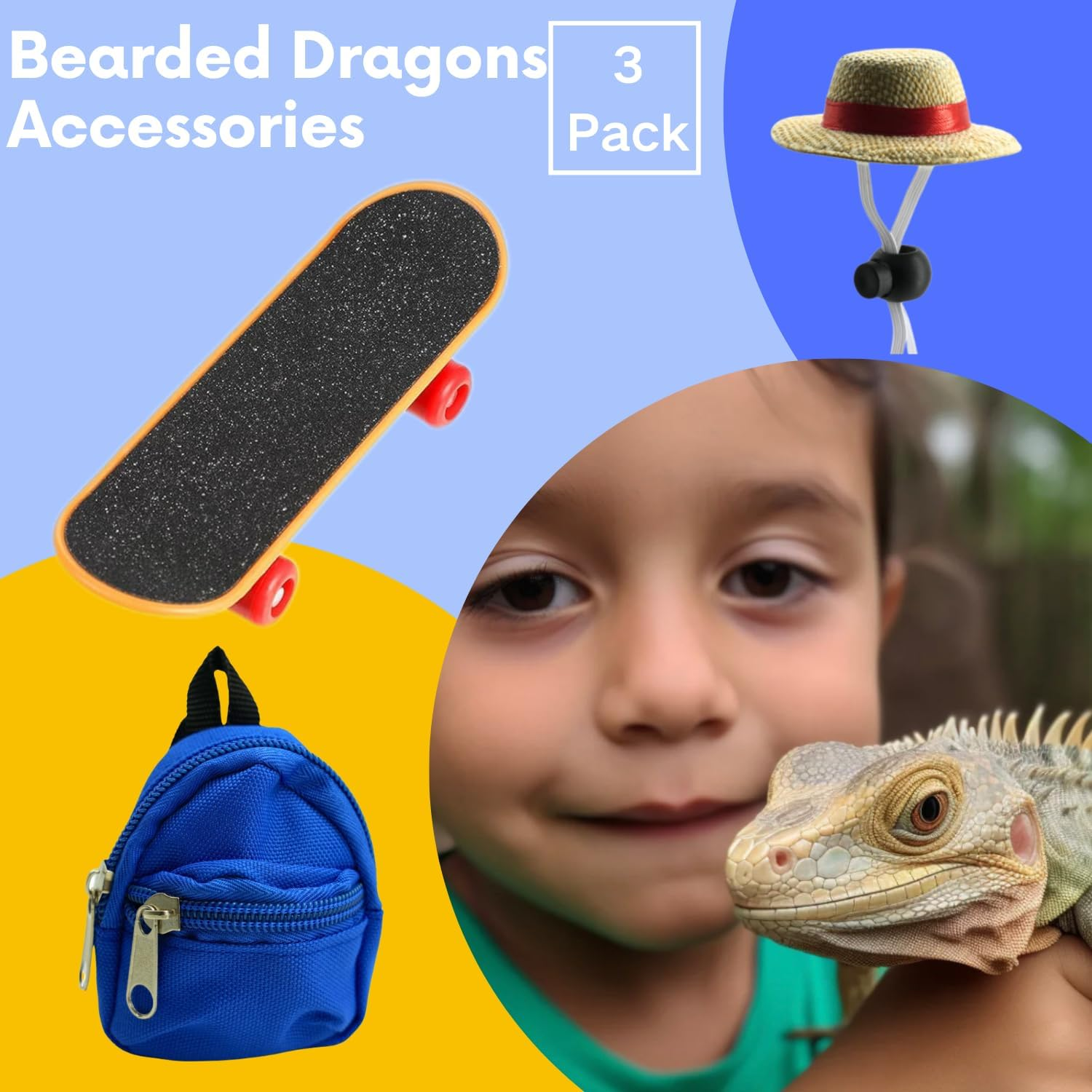 3 Pack Bearded Dragons Accessories Toy Lizard Backpack Adjustable Hat and Mini Skateboard Fit for Lizard Bearded Dragons Hamster Parrot Little Turtle Reptiles Small Animals image number 2