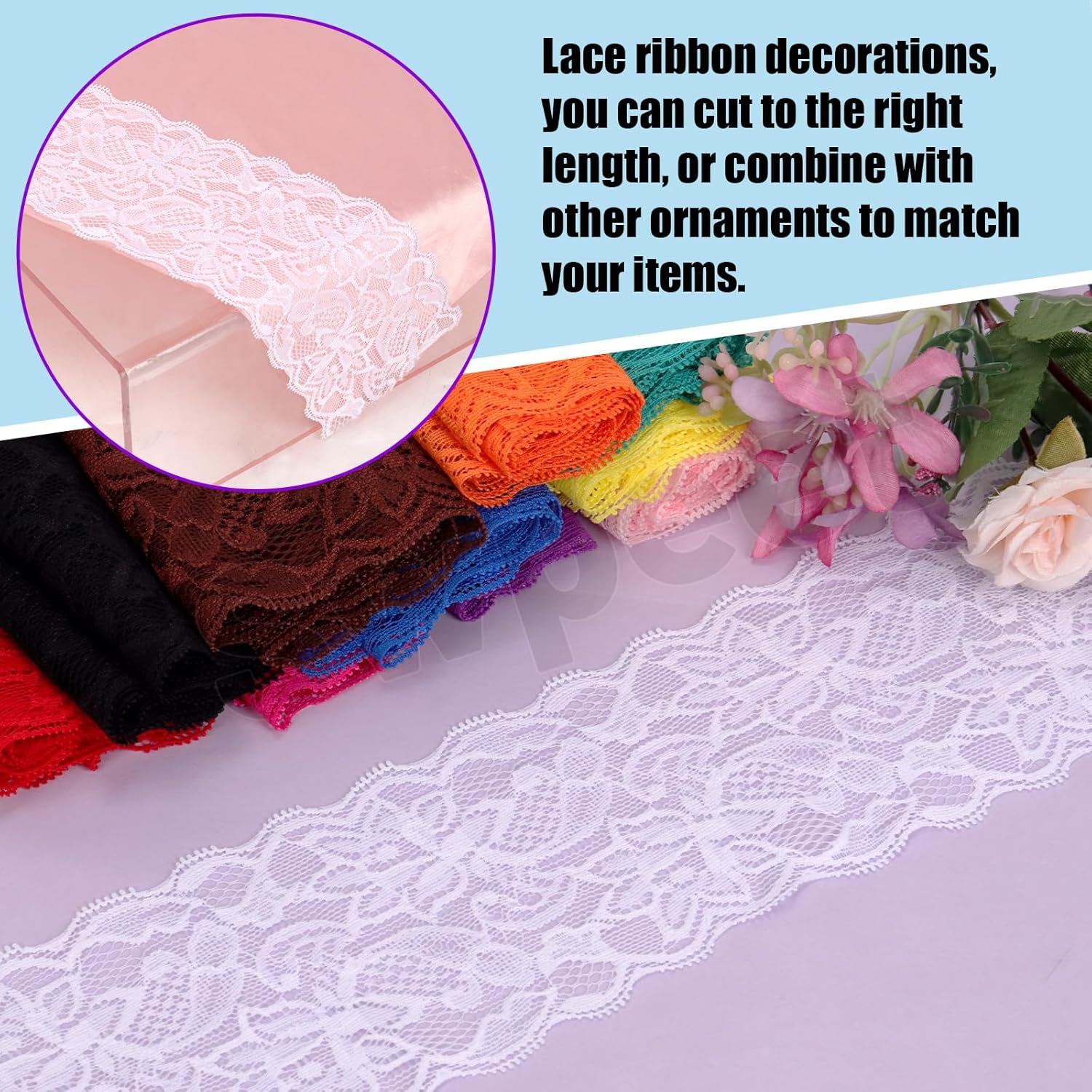 Swpeet 5 Yard by 3.15" Wide Yellow Lace Fabric Stretch Elastic, Trim Lace Ribbon, Elastic Sewing Trim Ribbon for Garment, Headbands, Wedding Bouquet Making DIY Crafts image number 6