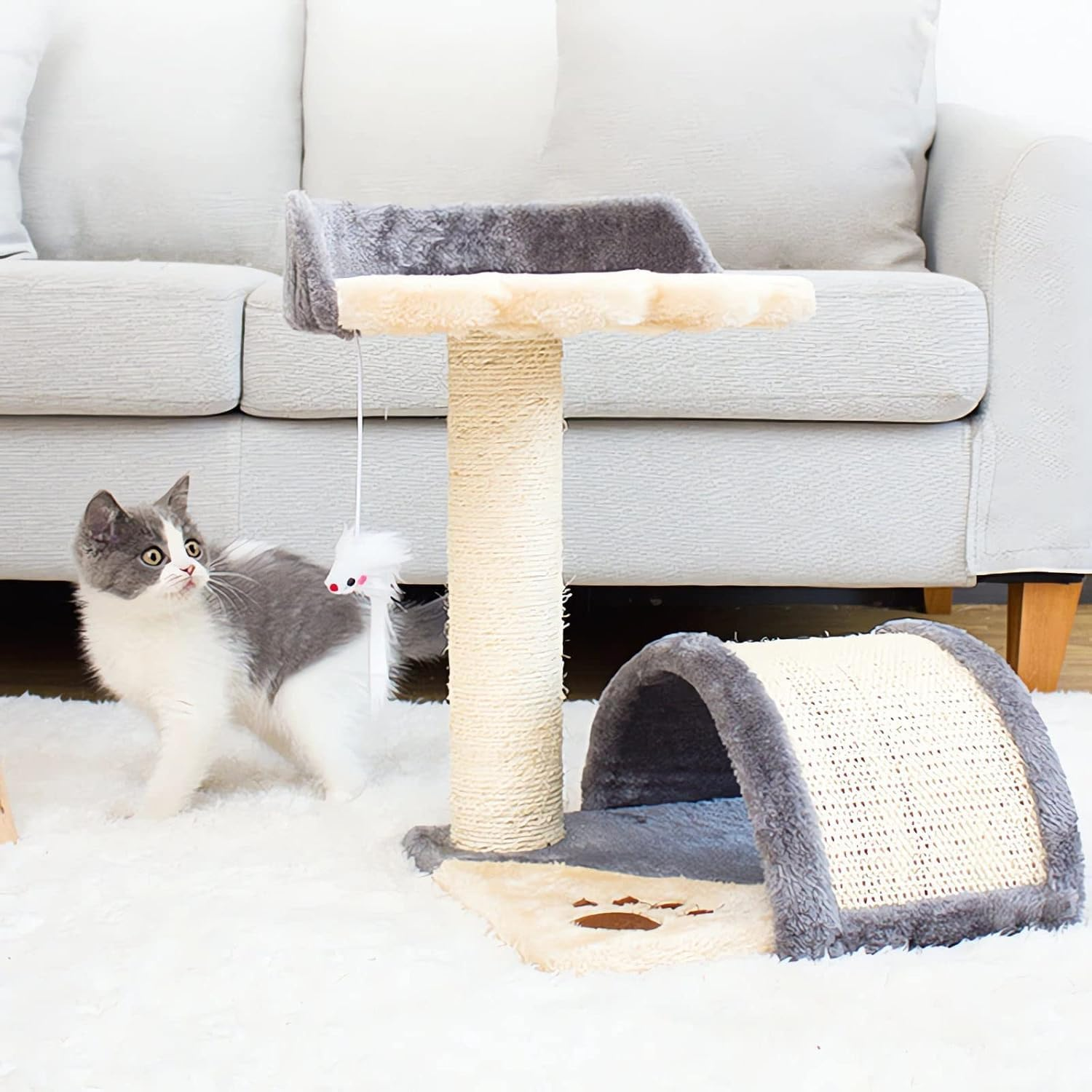 Cat Scratching Post, Cat Scratcher Tree with Cave Cat Tower and Condos Natural Sisal Post with Perch Platform, Scratching Posts for Indoor Cats for Small or Medium Pets Kitties (White Gray) image number 6