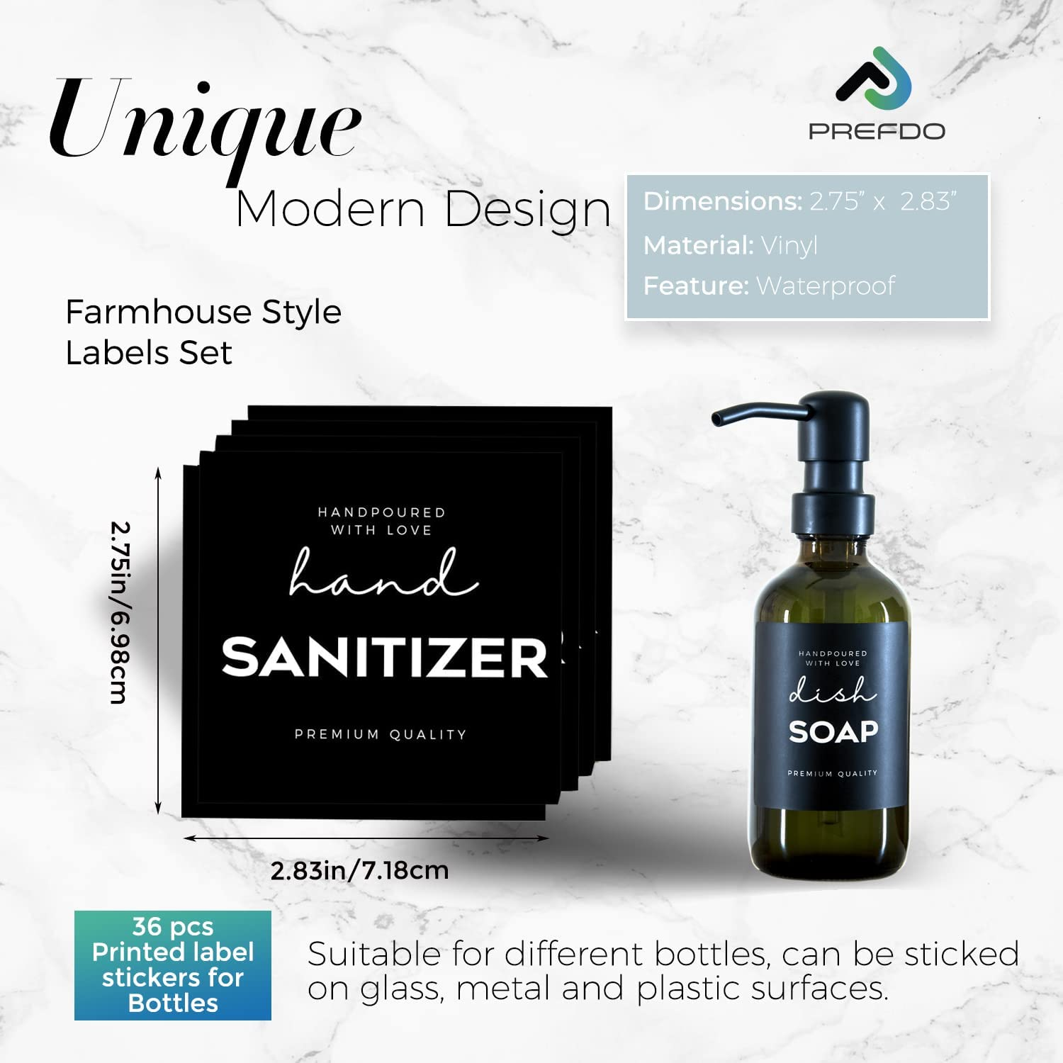 36 PCS Printed Label Stickers for Bottles, Prefdo Waterproof Minimalist Farmhouse Labels for Bathroom Kitchen Hand Soap Shampoo Conditioner Lotion Dispenser Bottles Containers(Black) image number 5