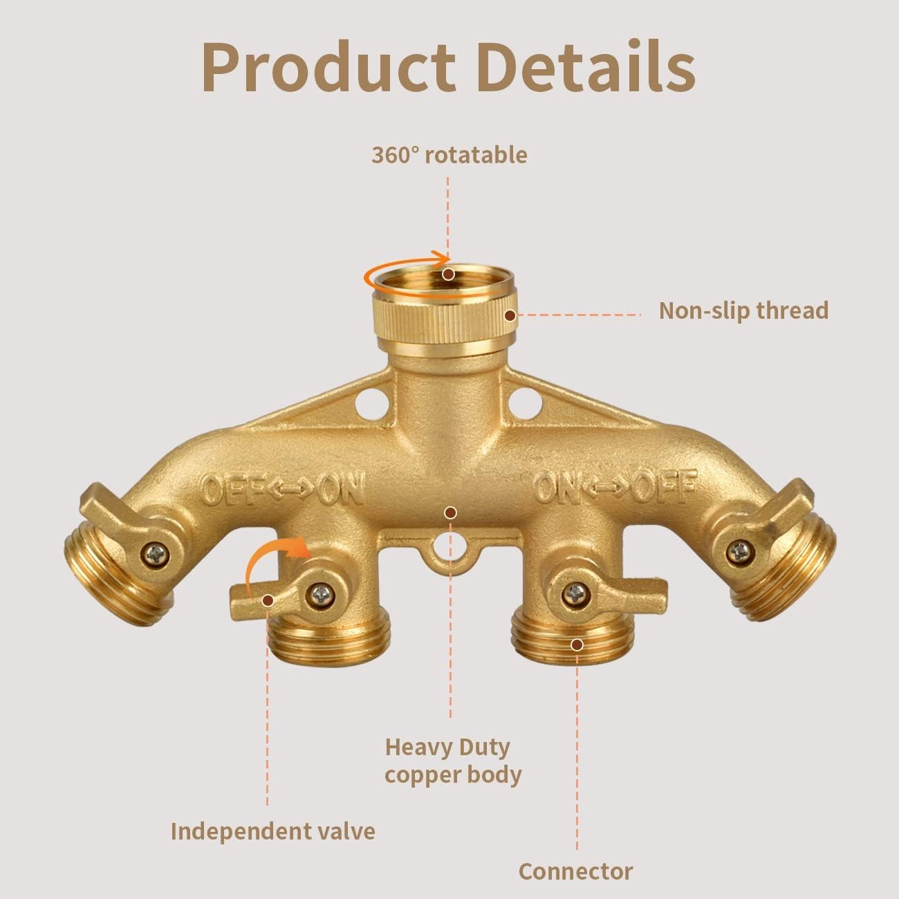 Garden Hose Splitter 4 Way, 3/4" Water Splitter with 8 Gaskets and Seal Tapes, 4 Way Independent Valve Heavy Duty Bronze Body Garden Hose Connector for Gardens, Home Life, Household Use image number 4