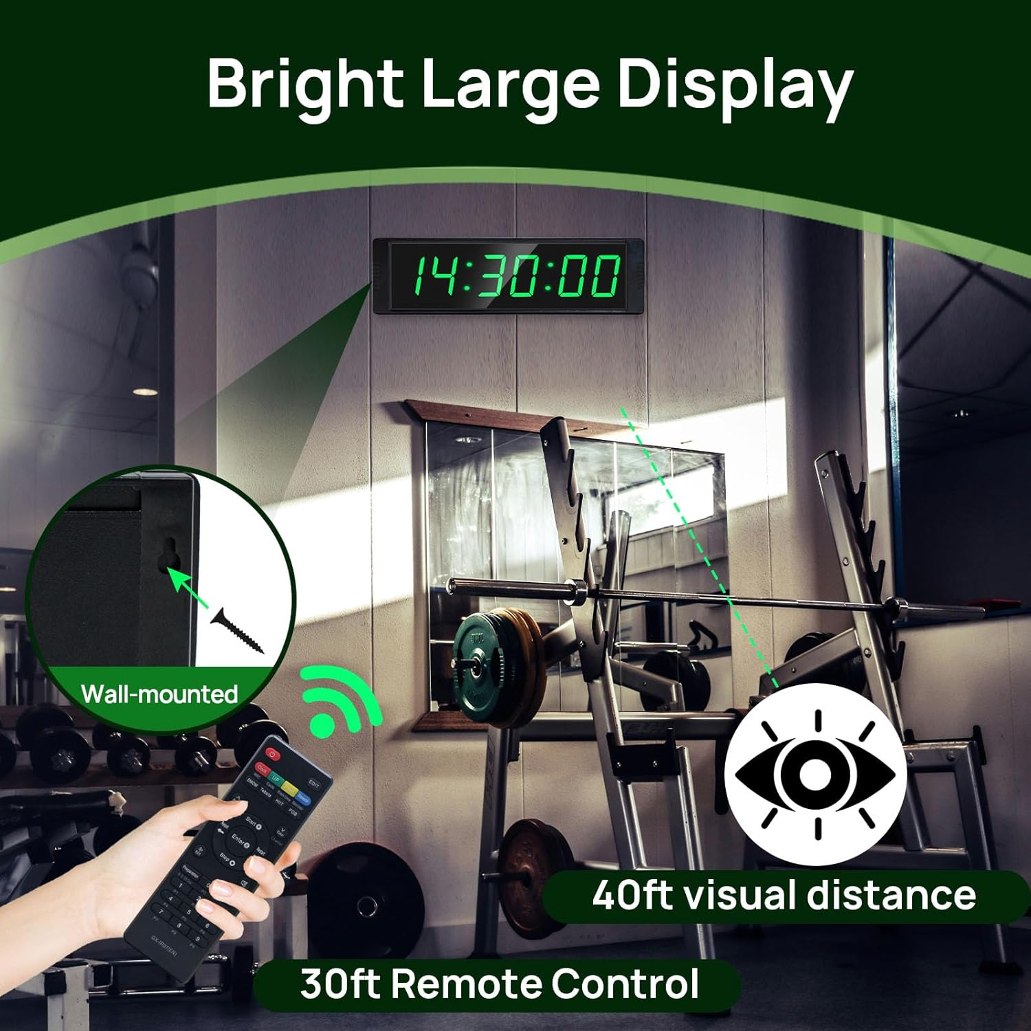 YZ Coundown Timer with Start/Stop Button, Digital Stopwatch with Remote Control, 12/24H LED Wall Clock, Interval Timer for Workout, Fitness, Sports, Home Gym, Garage image number 2