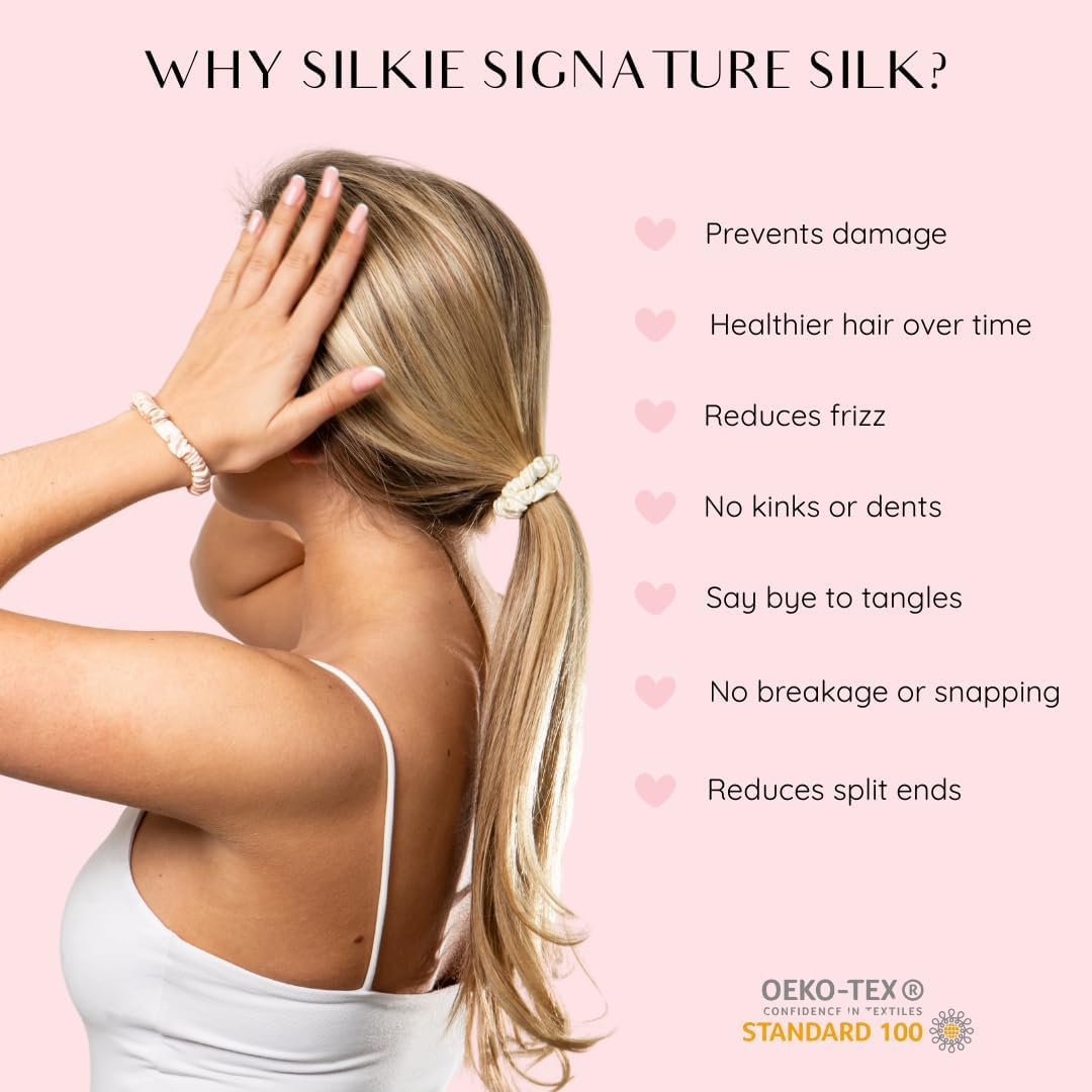 SILKIE 100% Pure Mulberry Silk Scrunchies Set of 4 Brown Travel Pouch Hair Care Elastic Hair Ties Ponytail Holder image number 1